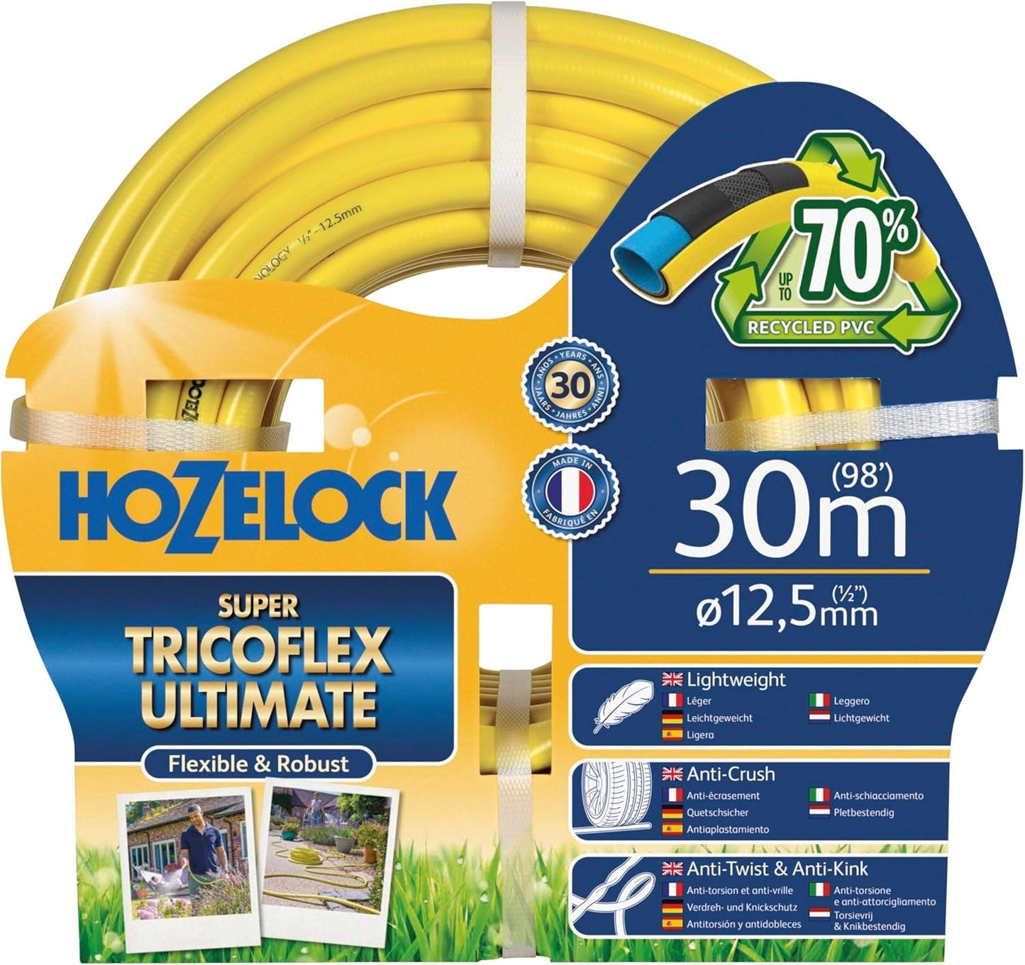 HOZELOCK-slange - Ultramax 12,5 mm x 30 m, op til 70 % genanvendt PVC, robust, vejrbestandig, anti-vridning, bøjnings- og knusningsbestandig, grå