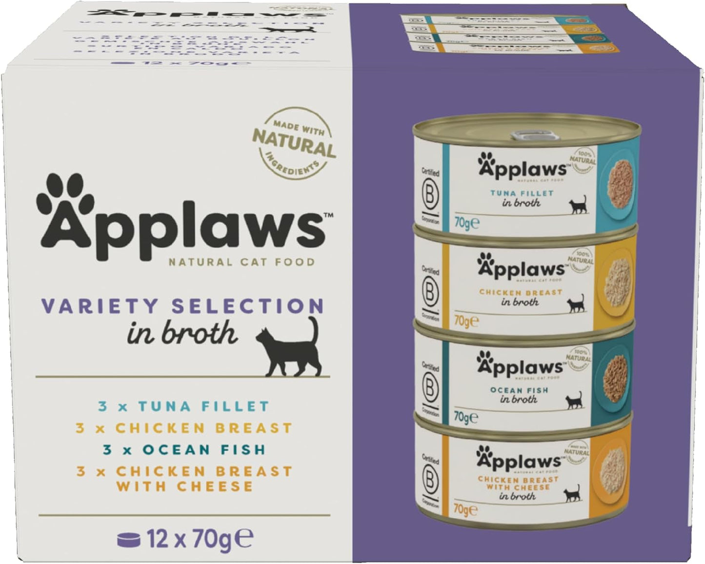 Applaws 100 % naturligt premium vådfoder til voksne katte i bouillon - tun, kylling, skaldyr, blandet udvalg i bouillon - pakke med 12 dåser x 70 g