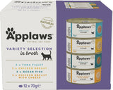 Applaws 100 % naturligt premium vådfoder til voksne katte i bouillon - tun, kylling, skaldyr, blandet udvalg i bouillon - pakke med 12 dåser x 70 g