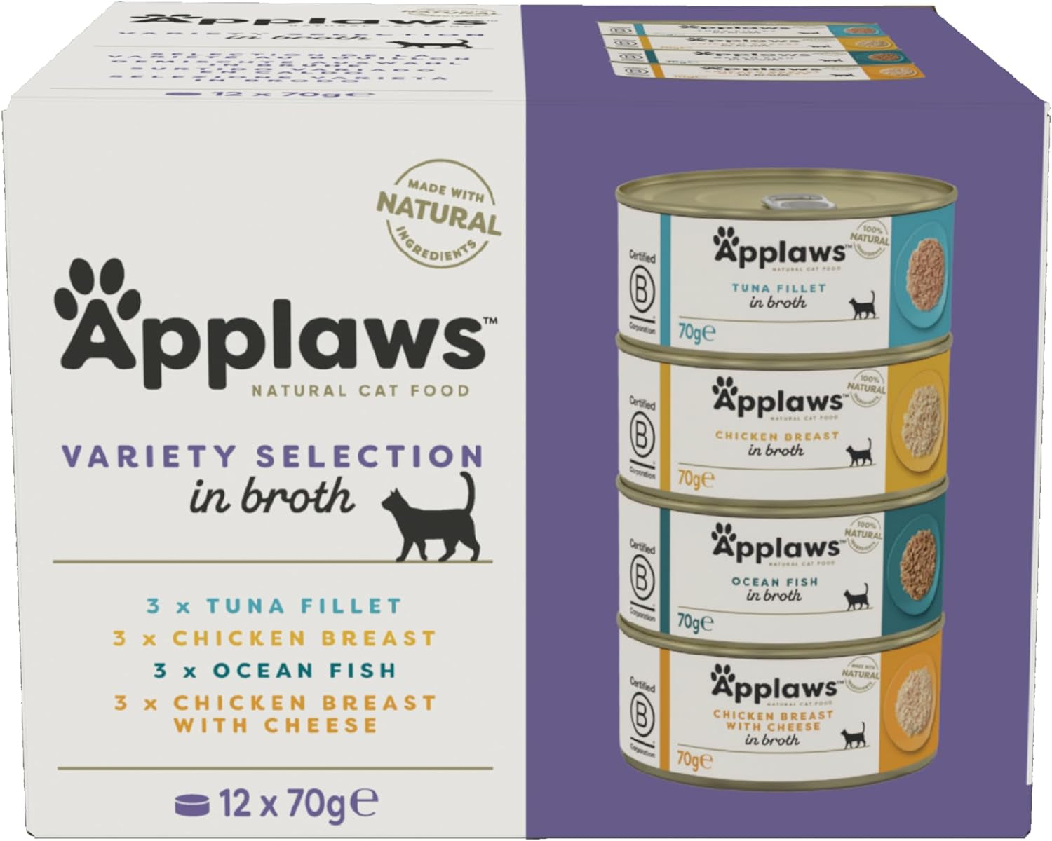 Applaws 100 % naturligt premium vådfoder til voksne katte i bouillon - tun, kylling, skaldyr, blandet udvalg i bouillon - pakke med 12 dåser x 70 g