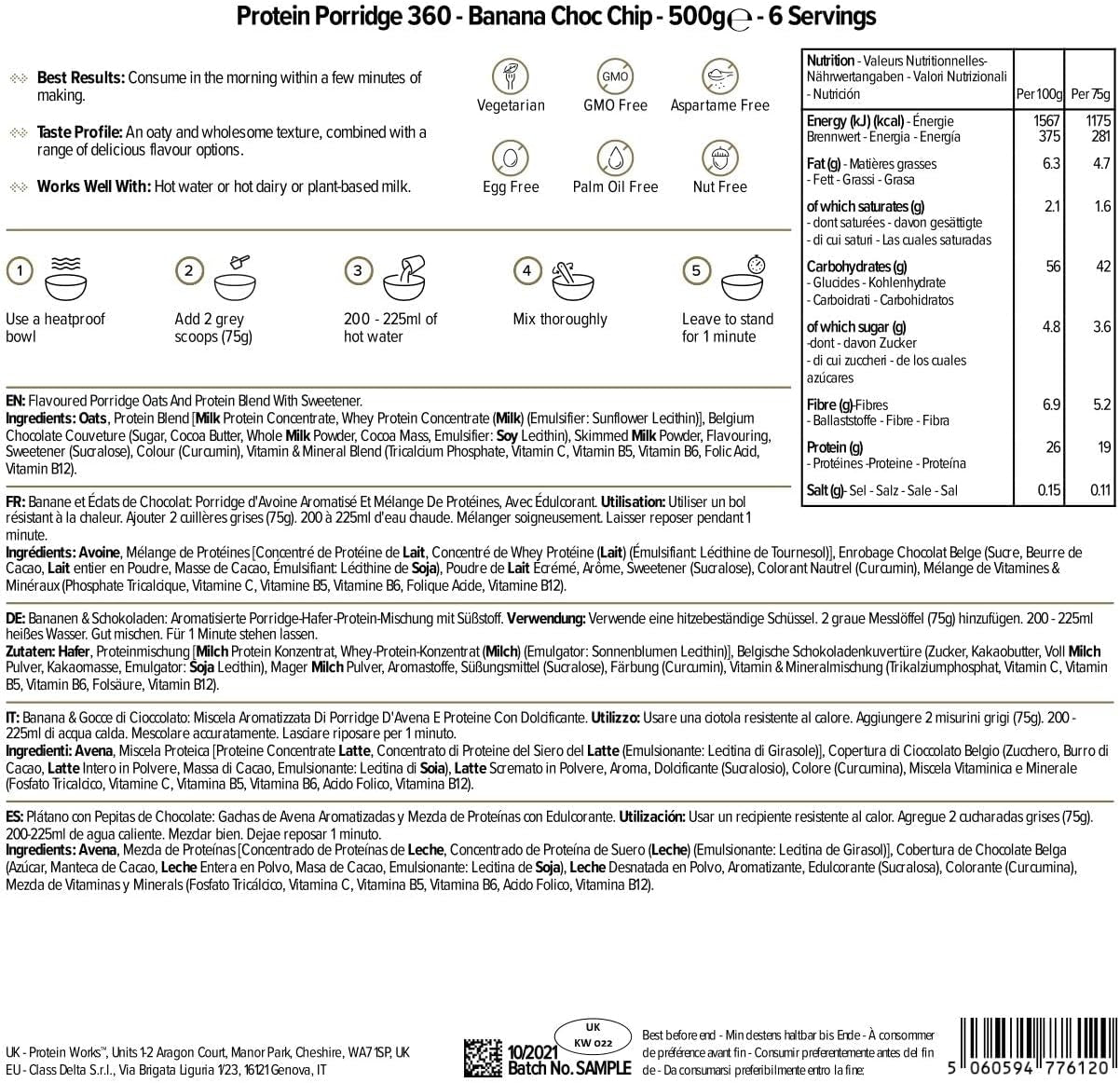 Protein Works - Proteingrød 360 | Myte Yderligere vitaminer og mineraler | Proteinreiches Frühstück | Kalorienarme Haferflocken | 6 portioner | Banan-choko-chip | 500G Cereal Naty Shop