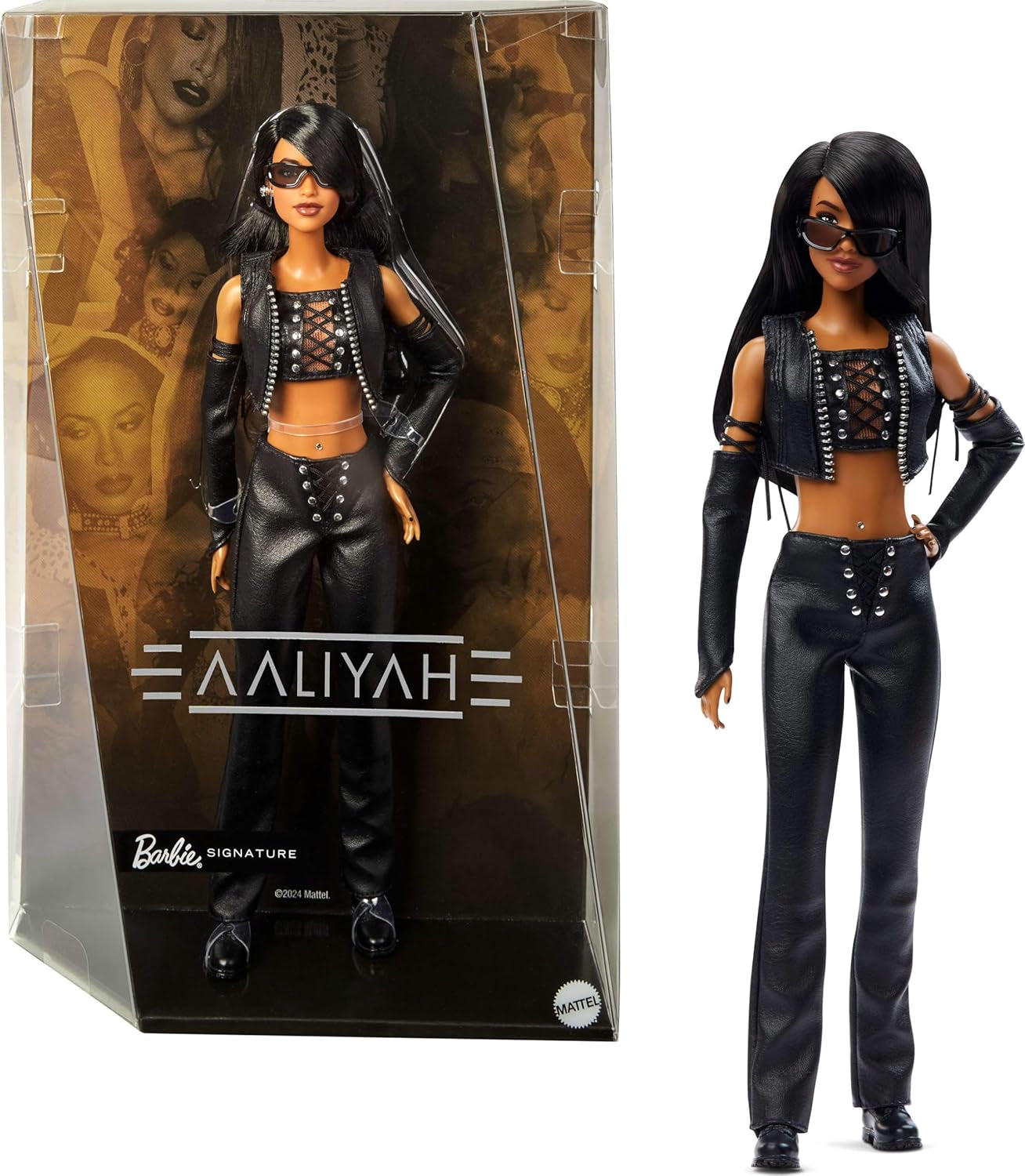 Barbie signaturdukke Aaliyah samlerfigur i sort imiteret læder inspireret af One in a Million musikvideo HRM80