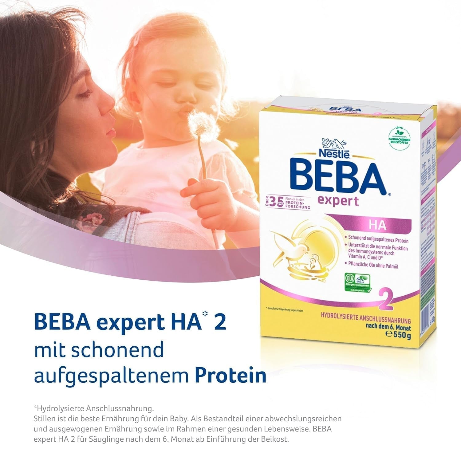 BEBA Expert HA 2 Tilskudsmælk efter 6 måneder, babymad med hydrolyseret protein, kun laktose, palmeoliefri, 6 stk. (6 x 550 g) Naty Shop