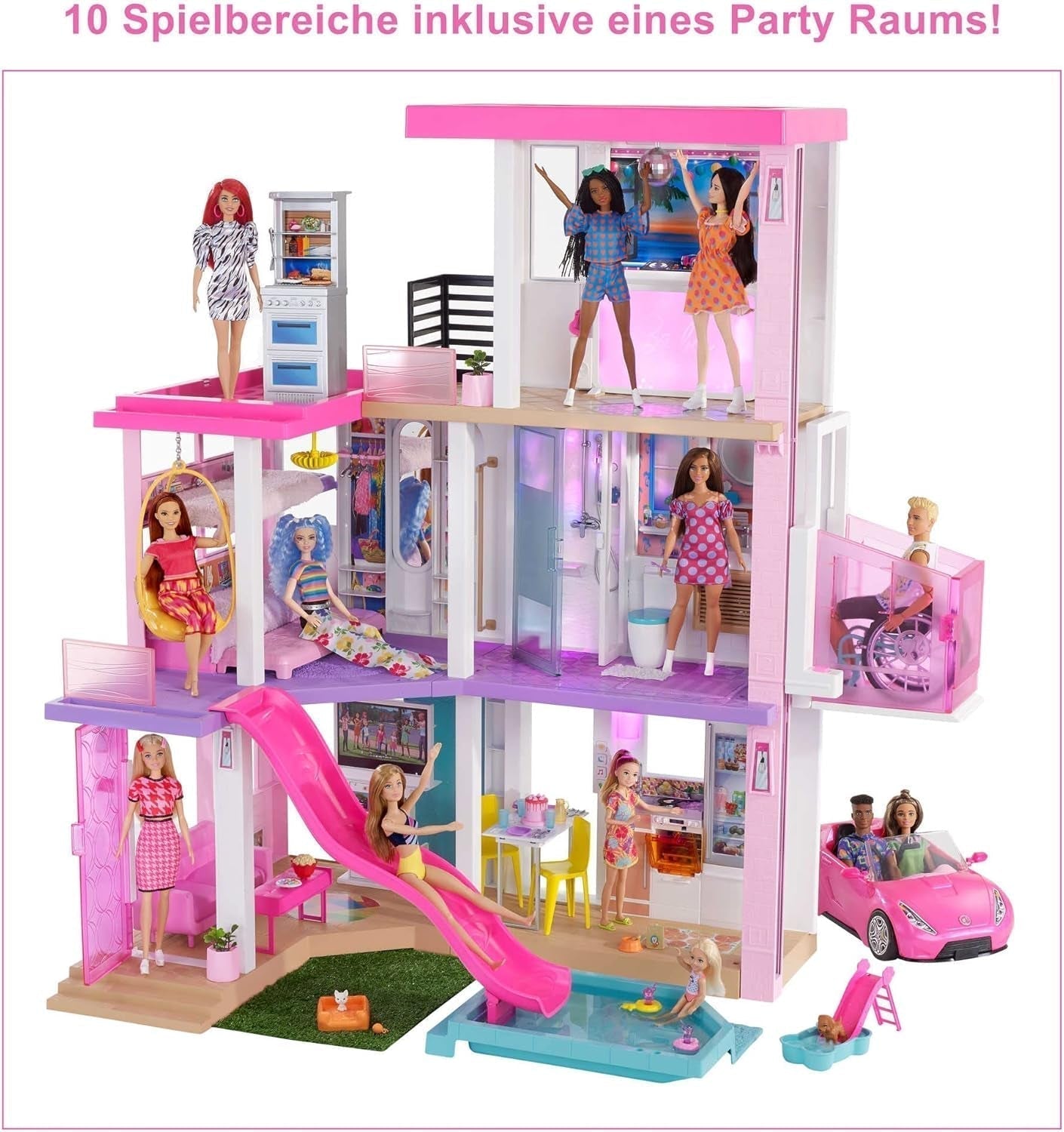 Barbie Dream House (114 cm), 3-etagers dukkehus, pool, rutsjebane, kørestolslift, 75 tilbehør, dukker, egnet som gave til børn fra 3 år og opefter, GRG93 Naty Shop dukkehuse