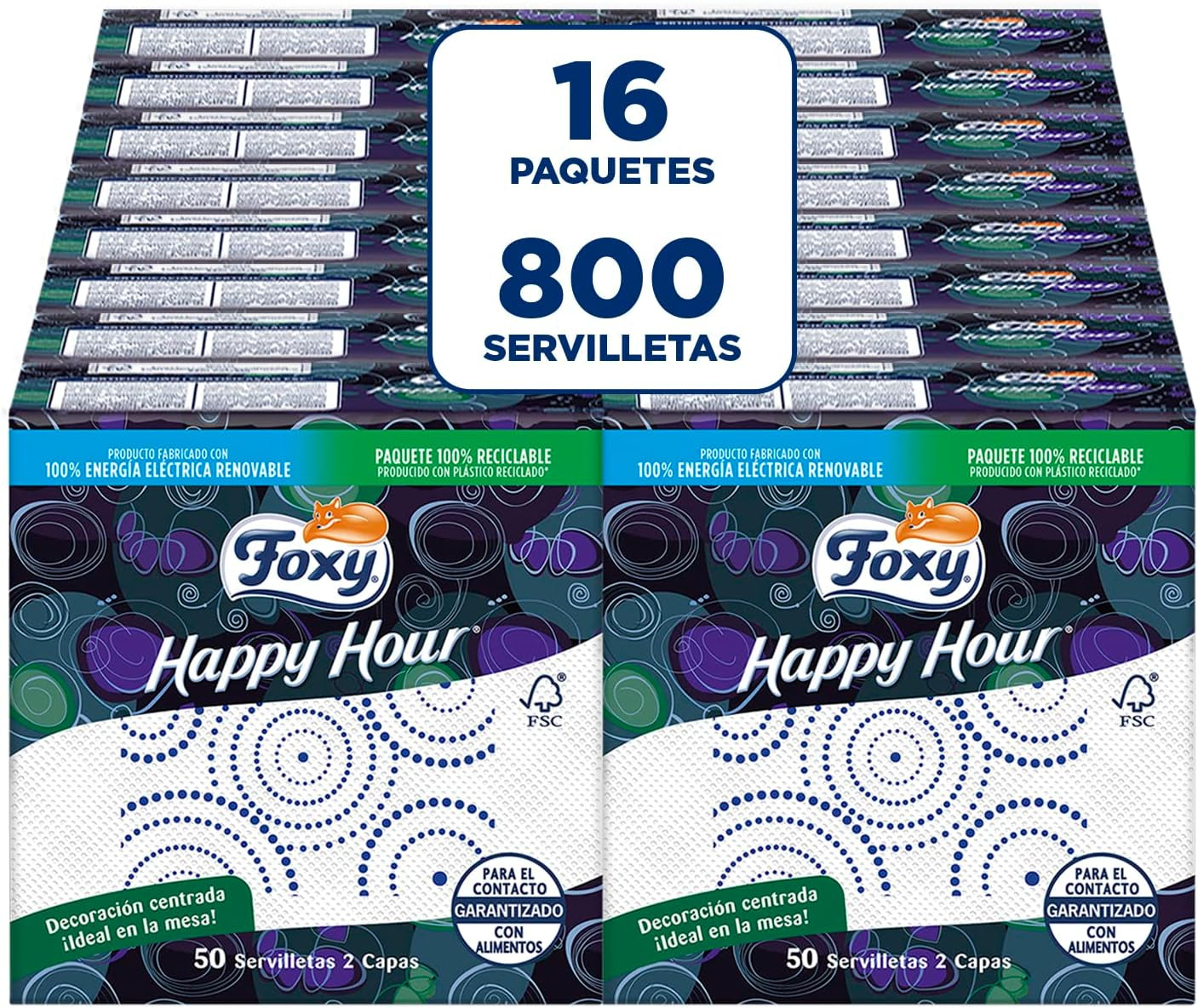 Happy Hour | Dobbeltlagsservietter | 16 pakker À 50 stk À 33 X 33 Cm | FSC certificeret | 100 % vedvarende elektricitet | Genanvendelig emballage lavet af genbrugsplast