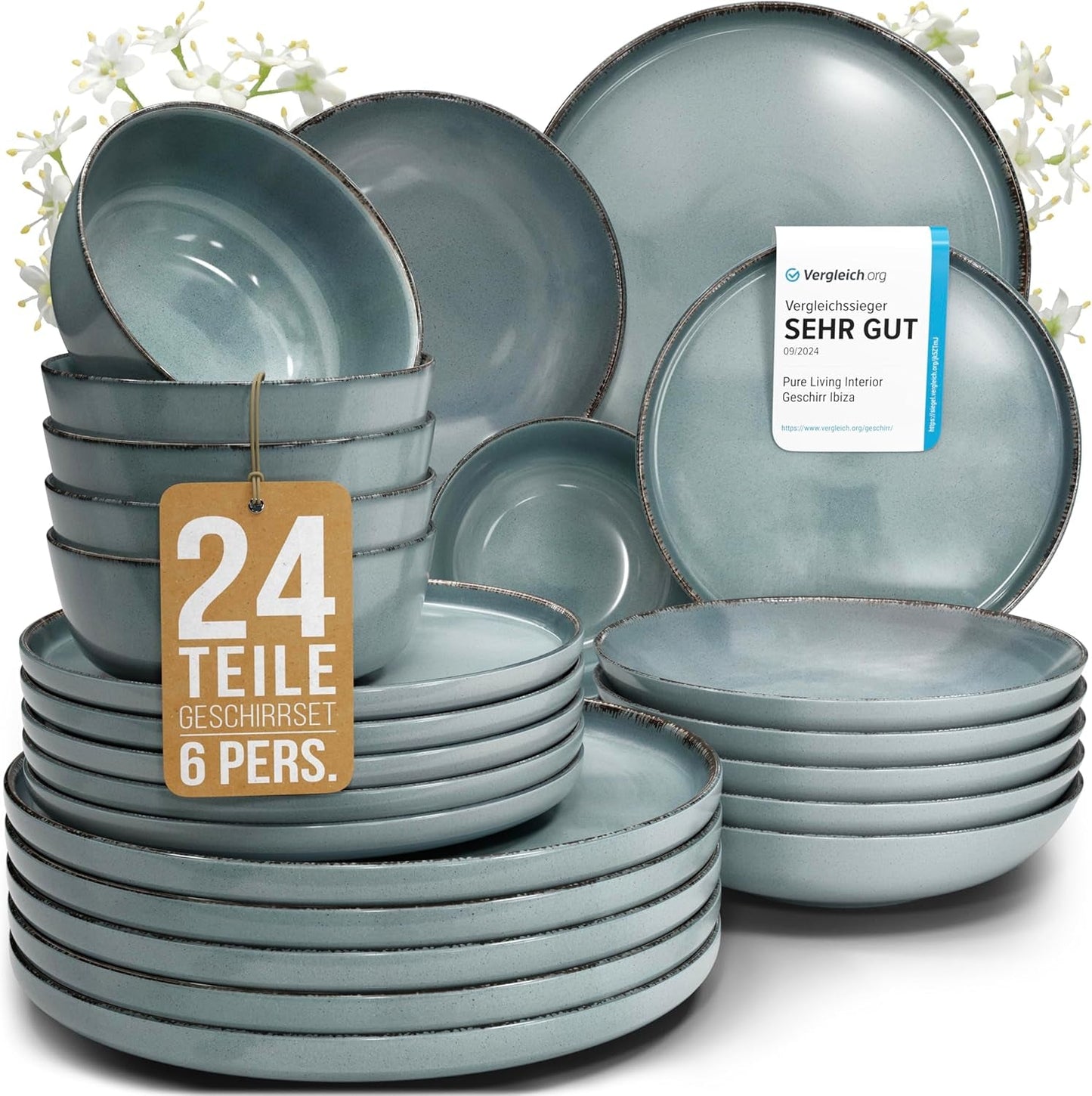 Steingut Geschirrset 6 Personen Rustik 24 tlg. TESTSIEGER, Hochwertiges Landhaussttil Steingut Geschirr Set, Schüssel- und Teller Set, Tafelservice 6 Personen, Geschirrsets Pure Living in Rauchblau