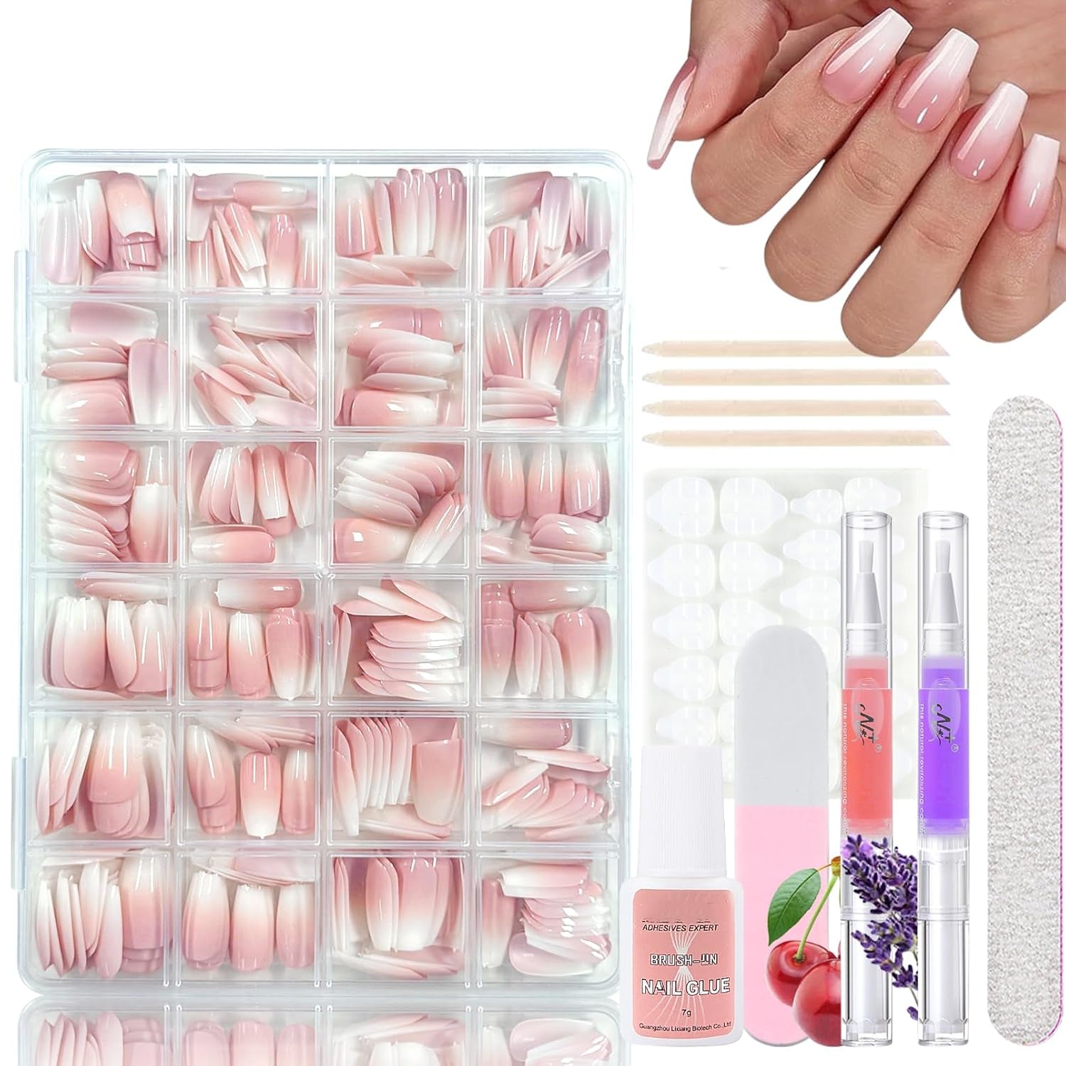 360 stk Gradient Ballerina Falske Negle Sæt, Pink White Gradient Lime-on kunstige negle med 2 stk Nail Oil Penne, Ombre Medium Fake Neils for Women DIY