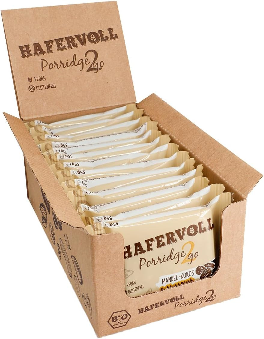 Hafervoll Porridge2go jordnøddesmør og nødder, 13 barer x 55 g - vegansk, økologisk, glutenfri, uden tilsat sukker snack, med havre, dadler og quinoaslik