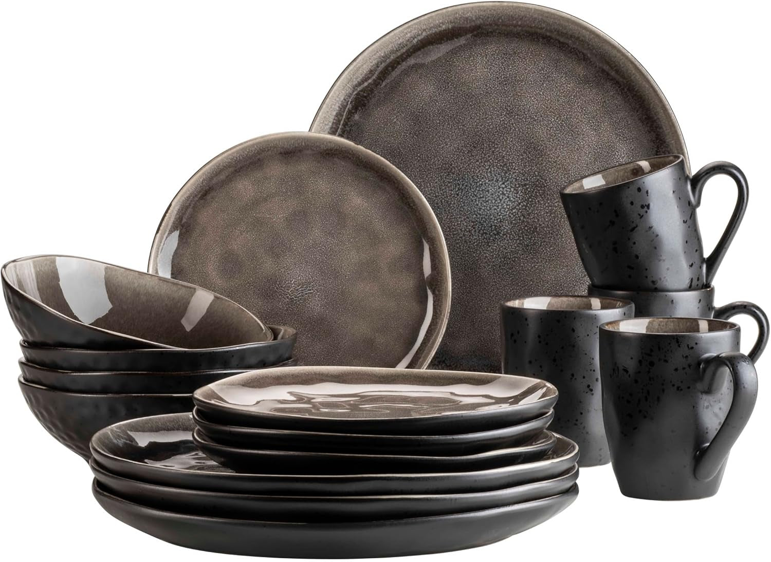 MÄSER 934073 Niara Organic Series Moderne 4-personers servisesæt med spændende vintagelook, 16-delt kombinationsservice med en speciel sort og brun glasurkombination, stentøj