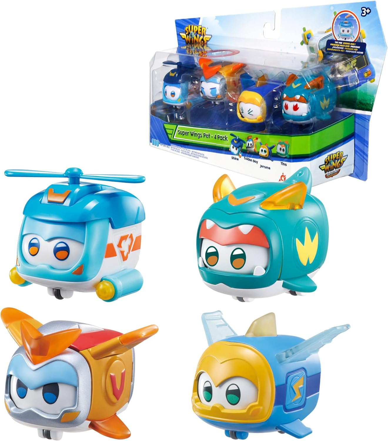 Super Wings Super Pets 4 STK Shine, Golden Boy, Jerome, Ellie Skiftbart ansigtsudtryk Lyneffekt Bærbart legetøj til 3 4 5 6 7 8 år gammel dreng Pige 2 tommer actionfigurer Naty Shop 4 pakke B
