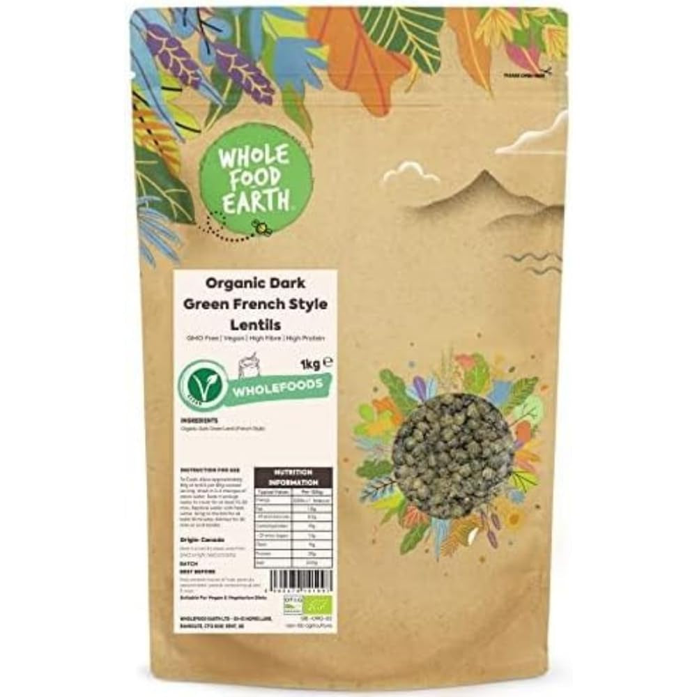 Wholefood Earth Økologisk fransk stil mørkegrønne linser 1 kg ikke-GMO | Vegansk | Rig på fibre | Rig på protein | Certificeret økologisk