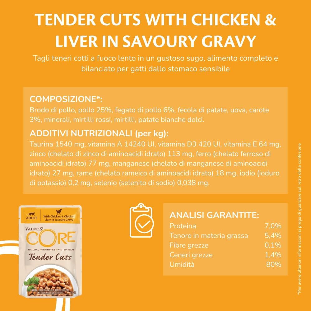 Wellness CORE Tender Cuts 6 x 85g, Kylling Selection Mix - Vådfoder til katte, møre stykker i sauce, kornfri, naturlig, hypoallergen, rig på protein, højt kødindhold