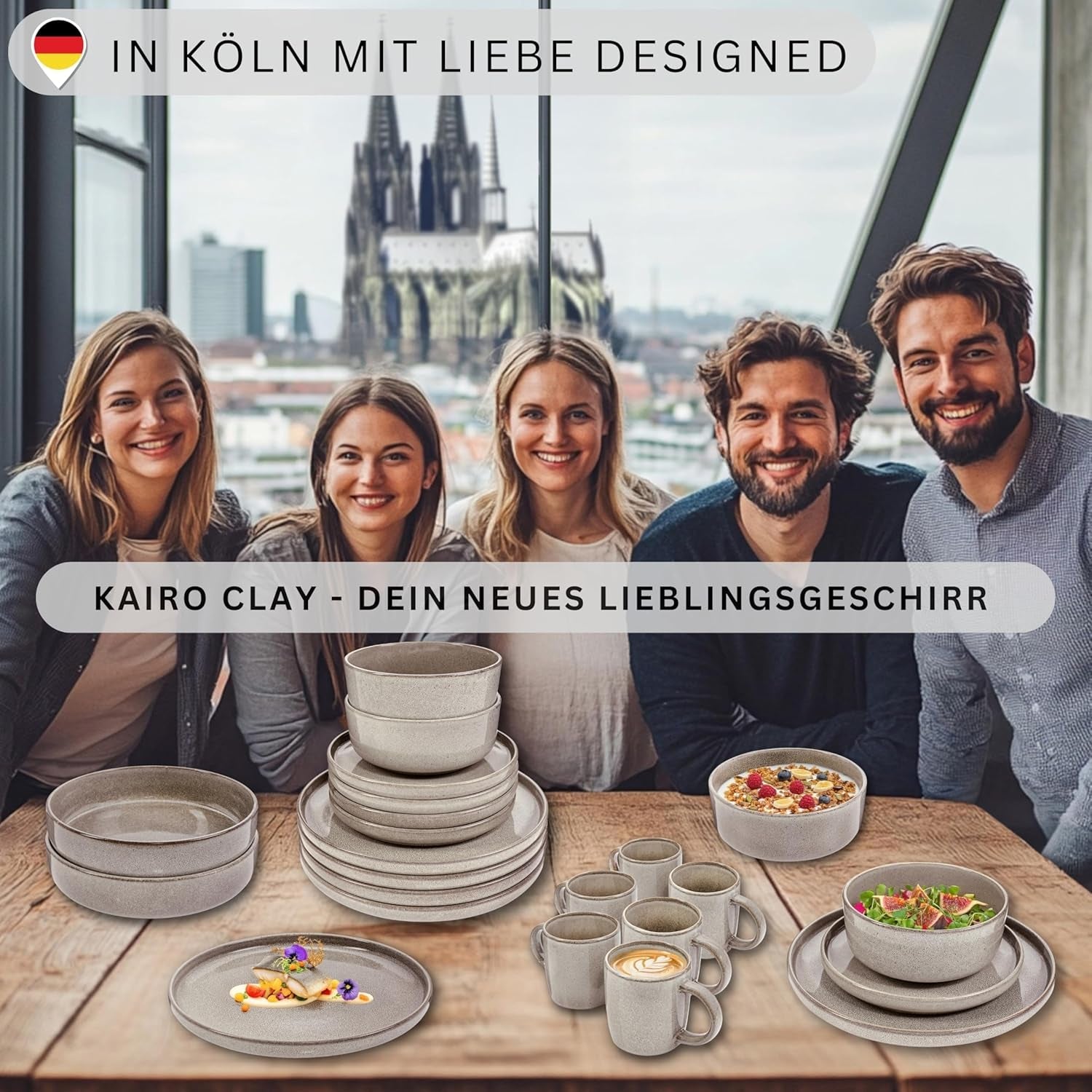 SÄNGER Cairo Clay | 24-styks porcelænssæt, stentøjsstel til 6, 6 tallerkener, 6 desserttallerkener, 6 pastaskåle, 6 serveringsskåle, gråt porcelænssæt | VÆRDIINDSAMLING