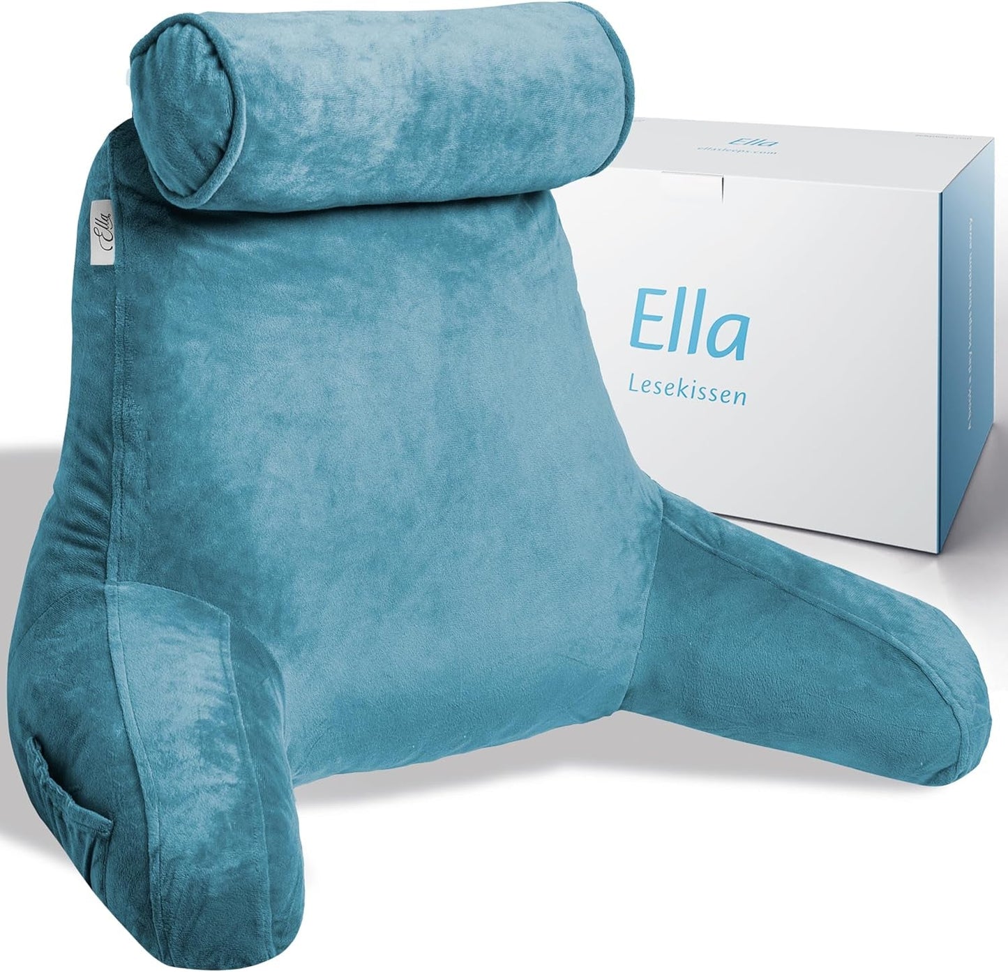 Ella læsepude til seng og sofa med aftagelig nakkerulle - Rygpude til seng - Memory Foam læsepude med armlæn, ideel til at læse, se tv, slappe af eller som rygstøtte - Grå