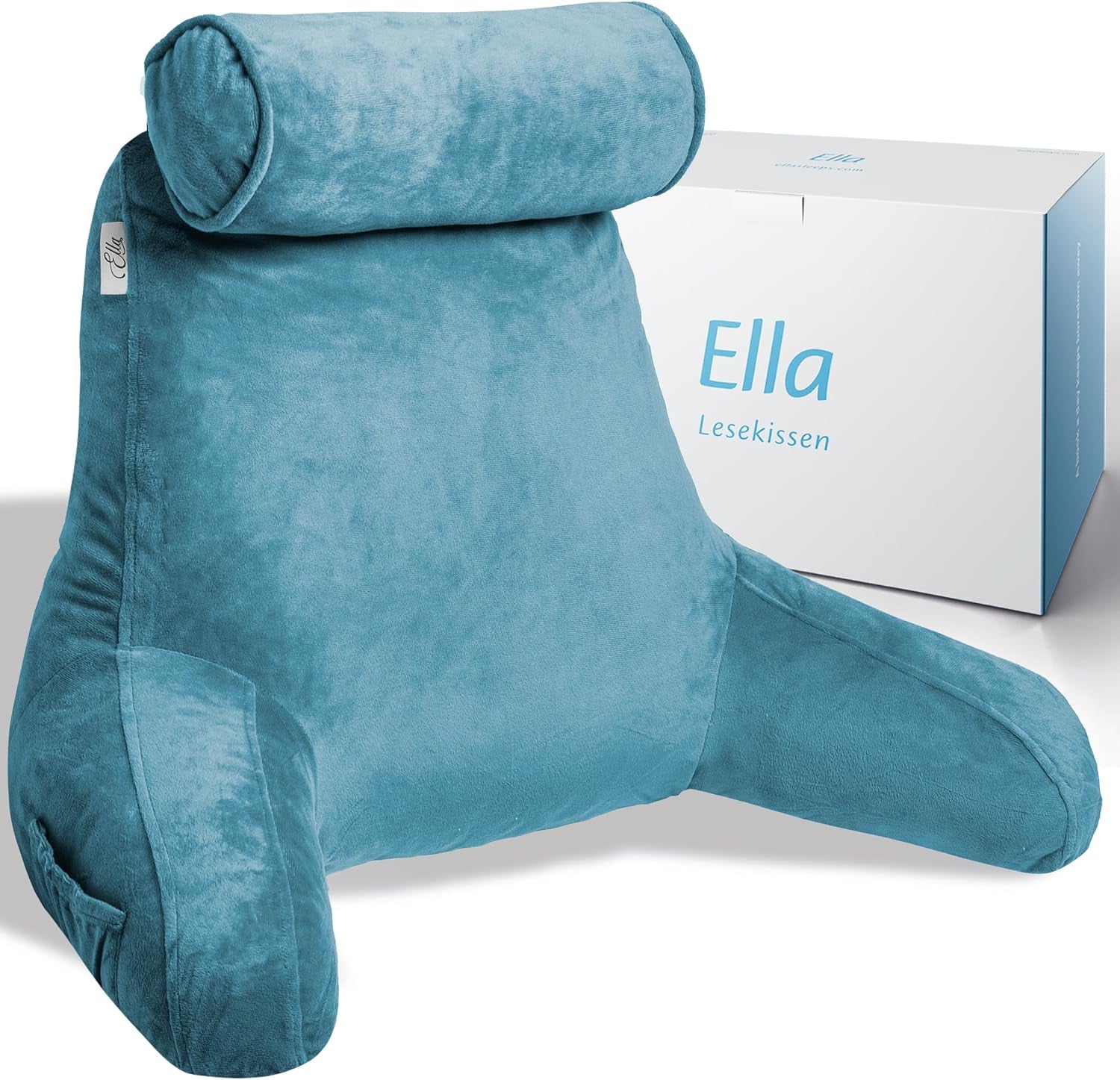 Ella læsepude til seng og sofa med aftagelig nakkerulle - Rygpude til seng - Memory Foam læsepude med armlæn, ideel til at læse, se tv, slappe af eller som rygstøtte - Grå