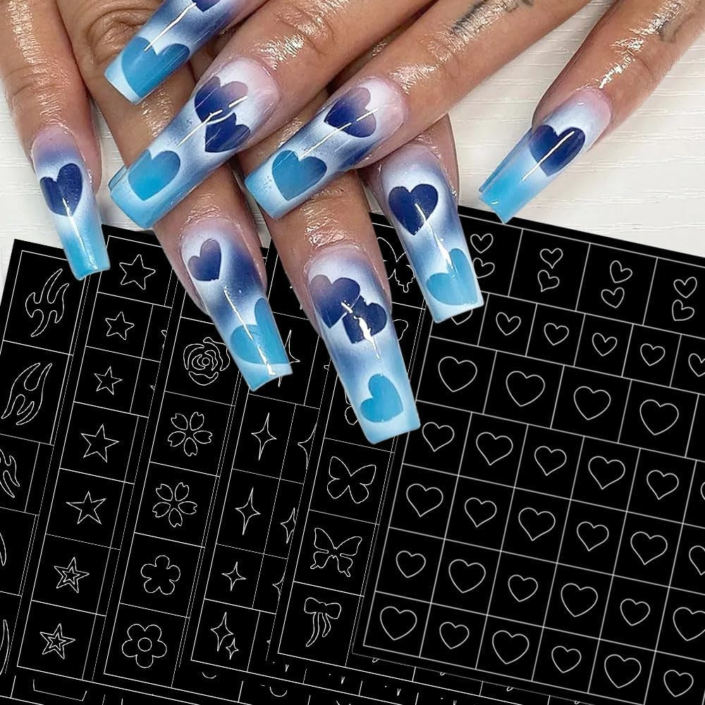 6 ark Airbrush-skabelon Nail Stickers, Butterfly Flame Stars Heart Stars Nail Stickers Printing Stencil Tool Nail Art Selvklæbende Stickers til Kvinder Nail Art Design Stickers