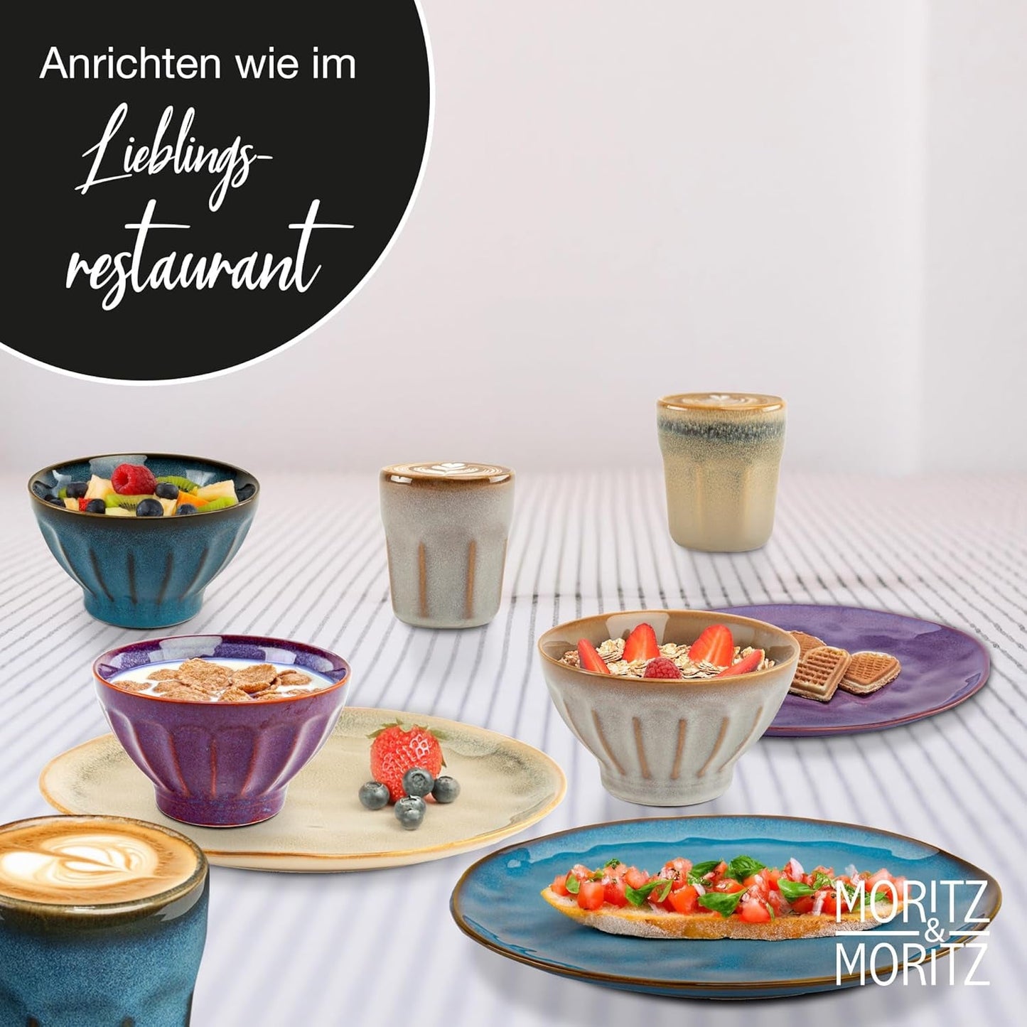Moritz & Moritz COPA 16-tlg Geschirrset 4 Personen - Elegantes Teller Set fra hohrstandigem Steinzeug - Geschirr Set 4 Personen fra je 4x Dinnerteller, Dessertteller, Müslischale & Kaffeebecher
