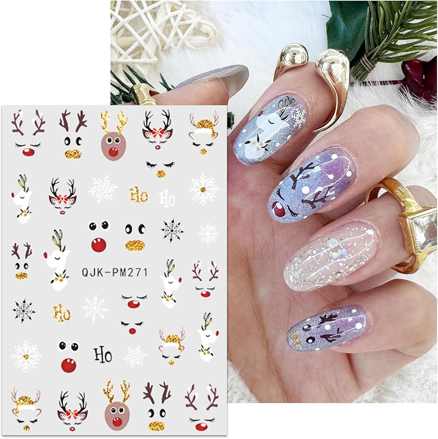 JMEOWIO Nagelsticker Weihnachten 10 Blatt Nail Art Sticker Selbstklebend Nagelaufkleber Glitter Schneeflocke Xmas Winter Urlaub Guld Dekoration Nageldesign Zubehör