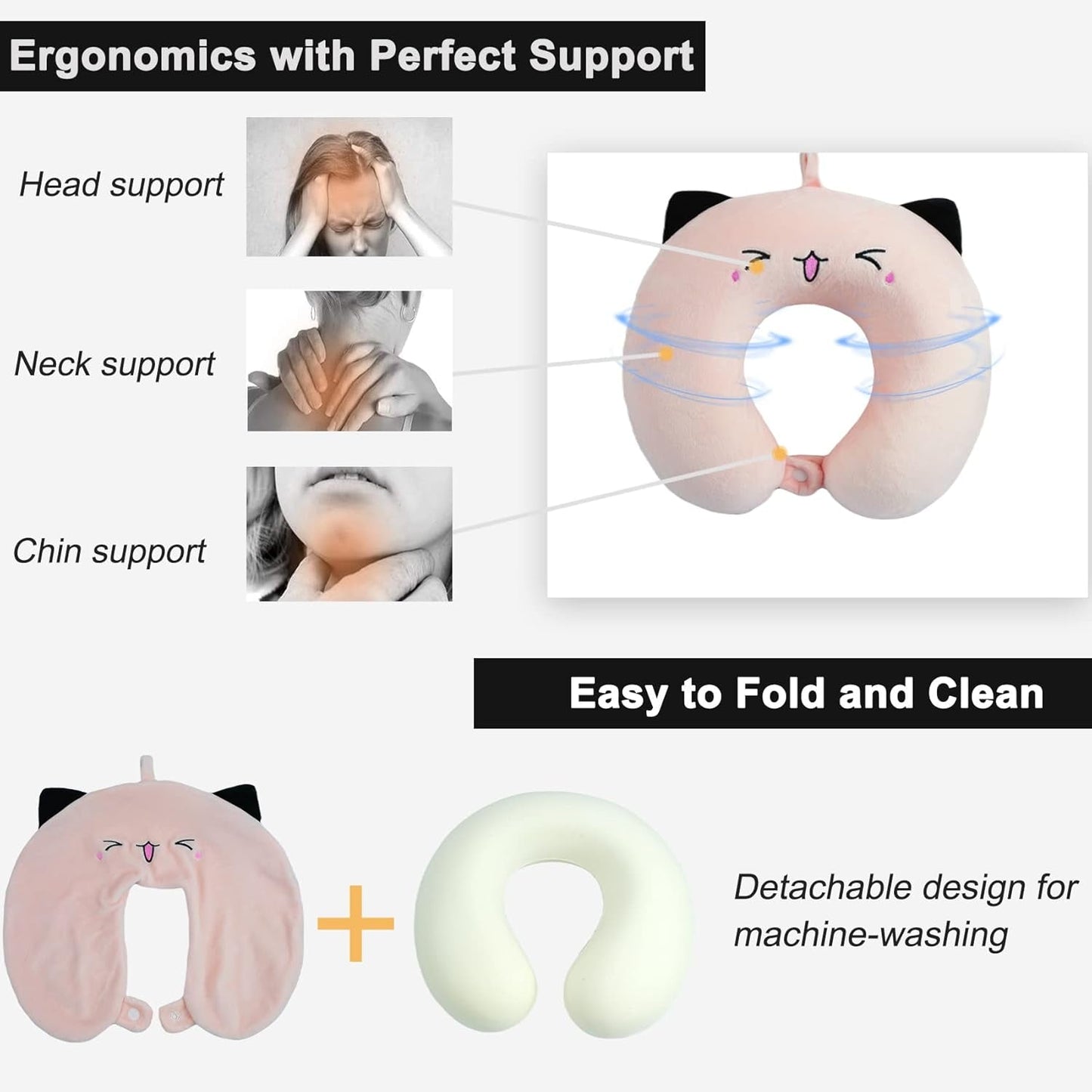 Nakkepude Børne Nakkepude til Fly Bil Tog Rejser Voksen Memory Foam Rejsepude Sødt dyremønster U-form Pude Aftageligt betræk (Pink2) Cervikale ortopædiske puder Naty Shop