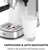 Klarstein Futura Espressomaskine, Bærbar Filter Espressomaskine, 1450 W, 20 bar, Barista Kvalitet, Dobbeltmundstykke, Flowstop, Bærbar Filter Espressomaskine, Mælkeskummerfunktion, Sølv