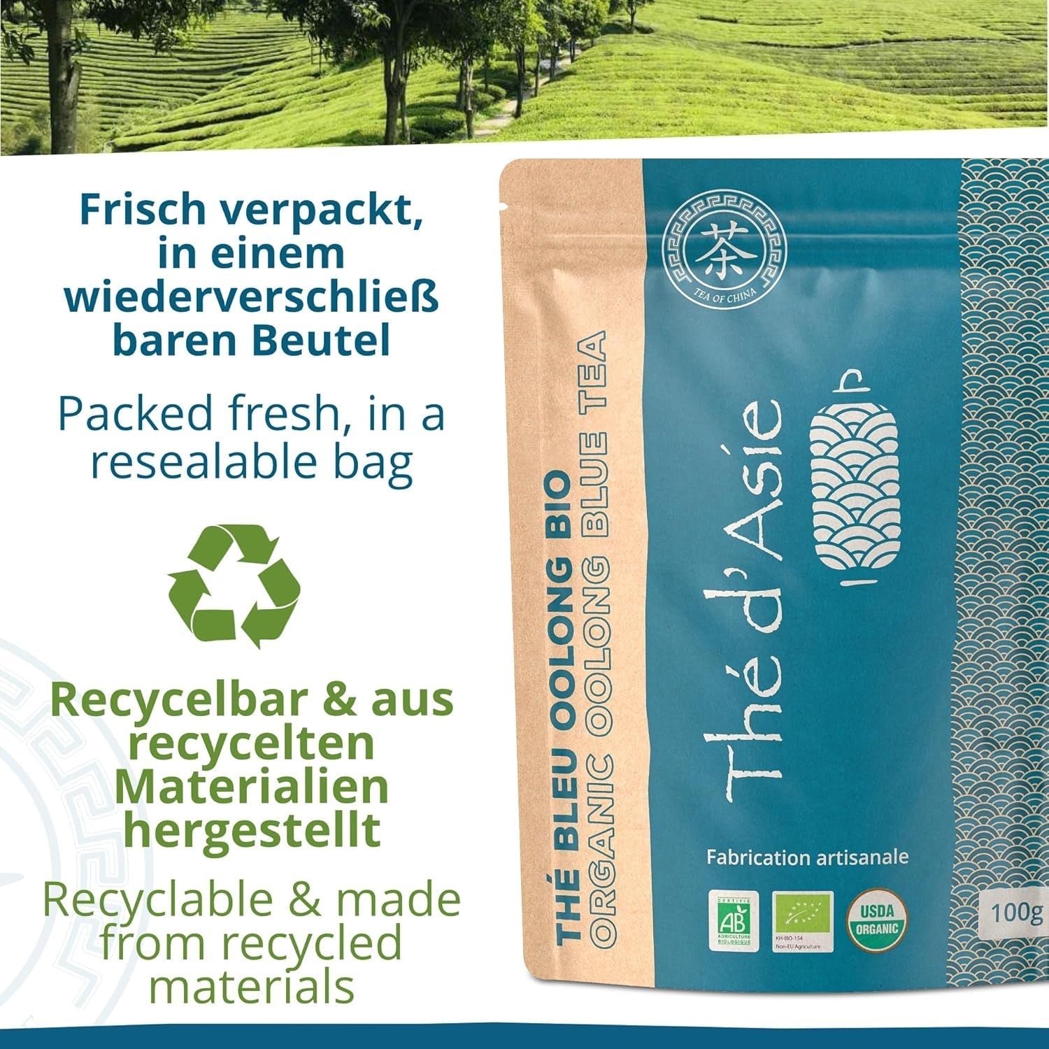 Khla - Økologisk Oolong Te 100 G - Blå te - Naturlig løs te - Økologisk asiatisk te - Løs og skåret - Urtete og infusionste - Fra Kina