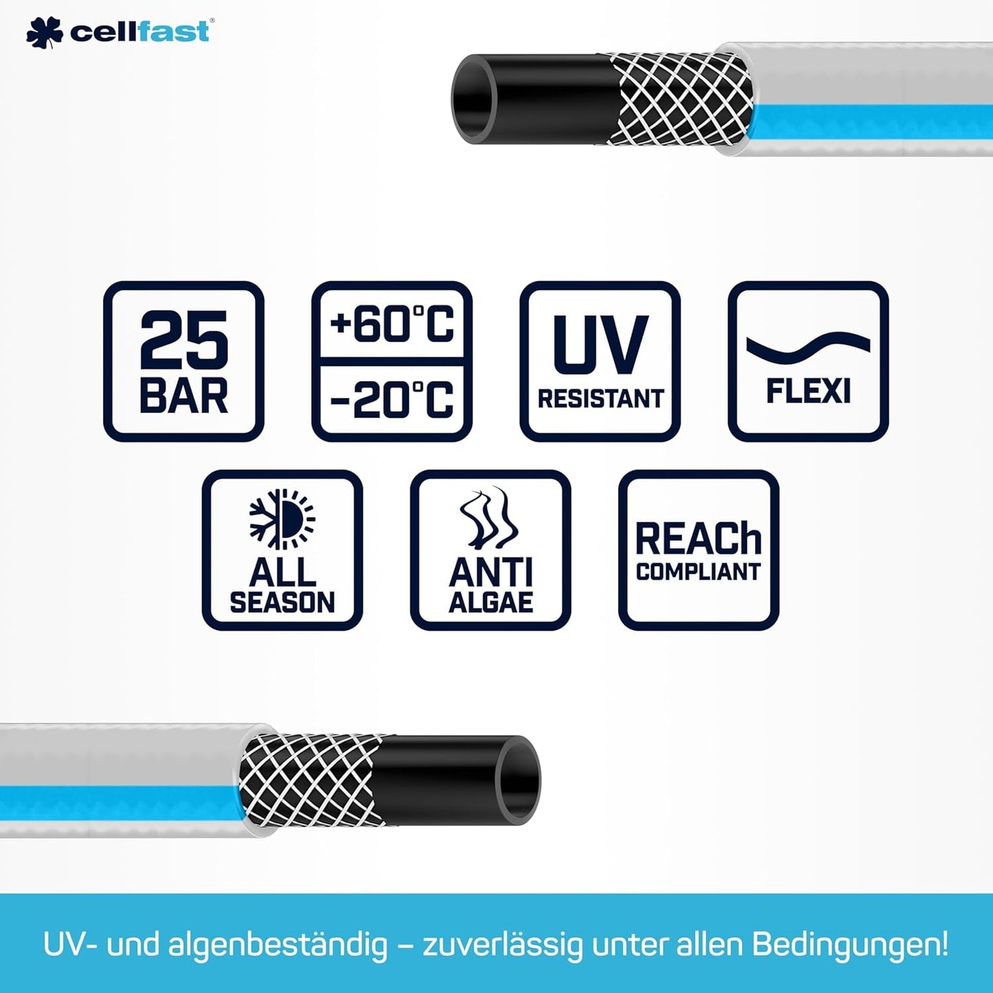 CELLFAST Haveslange, 3-lags Havevandslange, Holdbar Trådforstærket, Fleksibel Vandingsslange, UV-resistent, Anti-Alger, 3,4 tommer, 20 meter længde