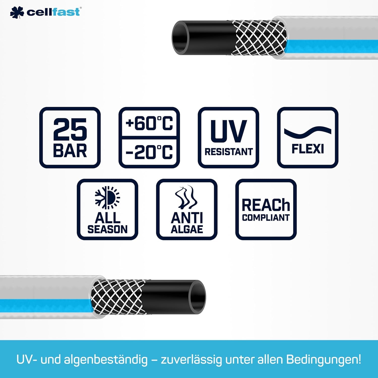 CELLFAST Haveslange, 3-lags Havevandslange, Holdbar Trådforstærket, Fleksibel Vandingsslange, UV-resistent, Anti-Alger, 3,4 tommer, 20 meter længde