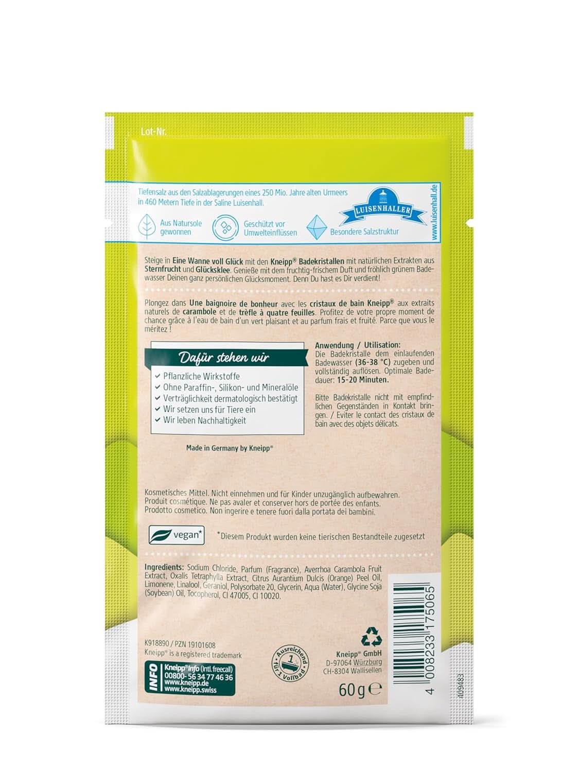Kneipp, badekrystaller, med naturlige ekstrakter af stjernefrugt og lykkekløver, med en høj andel af Luisenhaller salt, 60 gram Brusebad og bad Naty Shop