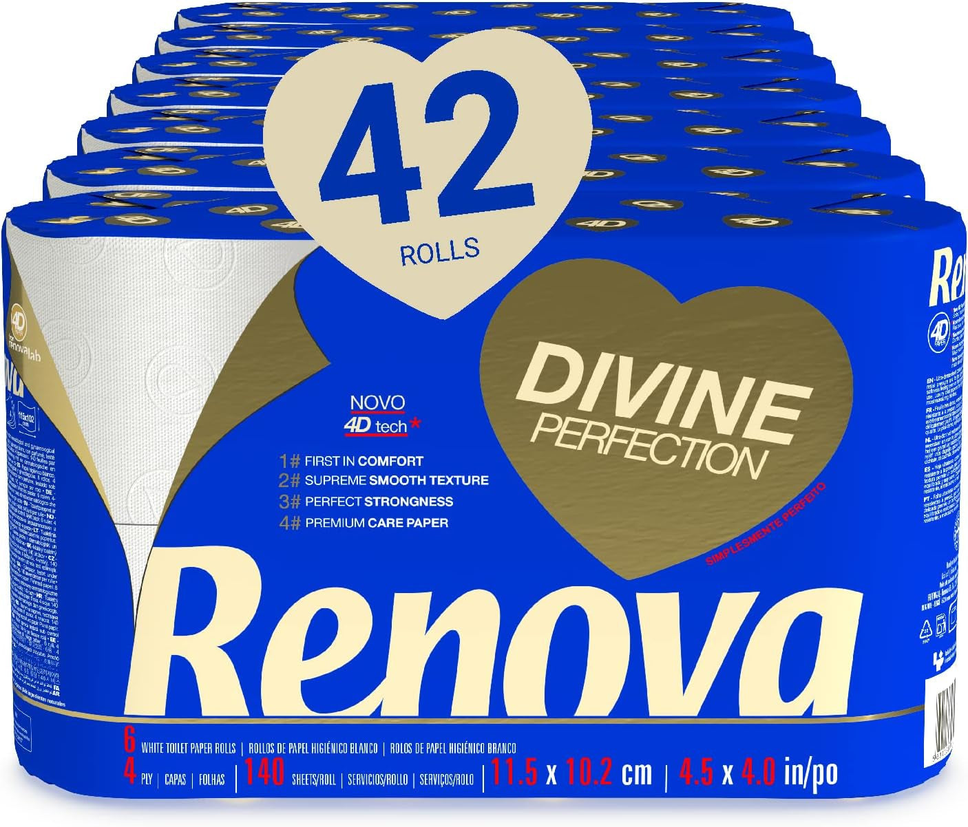 Renova Renova Divine Perfection toiletpapir, 42 ruller, premium toiletpapir, 4-lags, ultrablødt, ekstra styrke, tykt, blødt og absorberende, Fsc-certificeret papir, 4400G