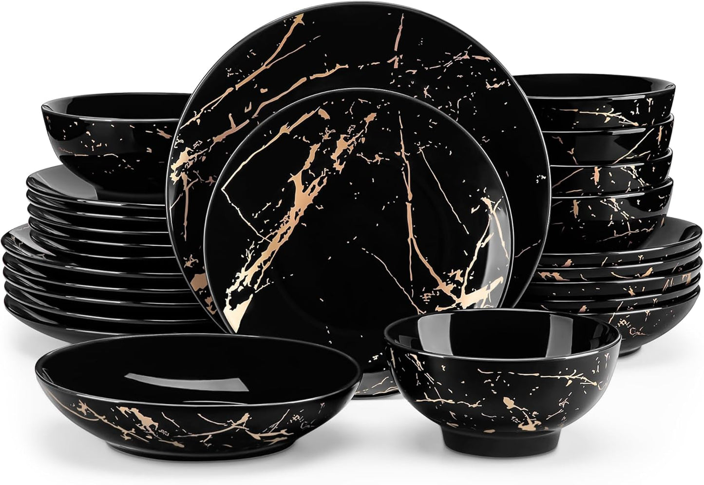 LOVECASA Daphne Series Porcelænsservisesæt SWEET 24-delt kombinationssæt Gulddesign Middagstallerkener Desserttallerkener Korn skåle og middagstallerkener til 6