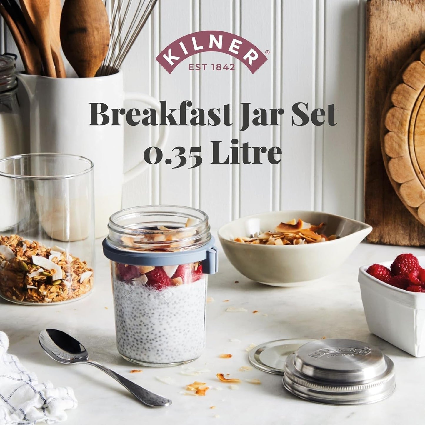 Kilner morgenmadskrukke med ske / 350 ml, Ø 9,5 cm / 5 stk | takeaway müsli kop / giftfri / glasbeholder med låg til müsli, grød og yoghurt / overnight havre beholder Naty Shop Food Opbevaringsbokse