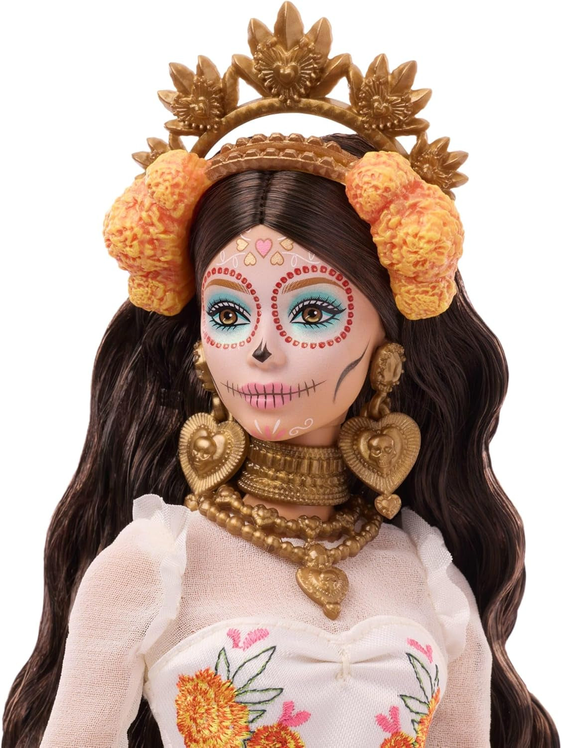 Barbie Signature Day of the Dead 2025 dukke-samlerfigur i cremefarvet kjole med flæser, morgenfruer og sløjfer, blomsterkrone i hår og Calavera-ansigtsmaling, JBJ05