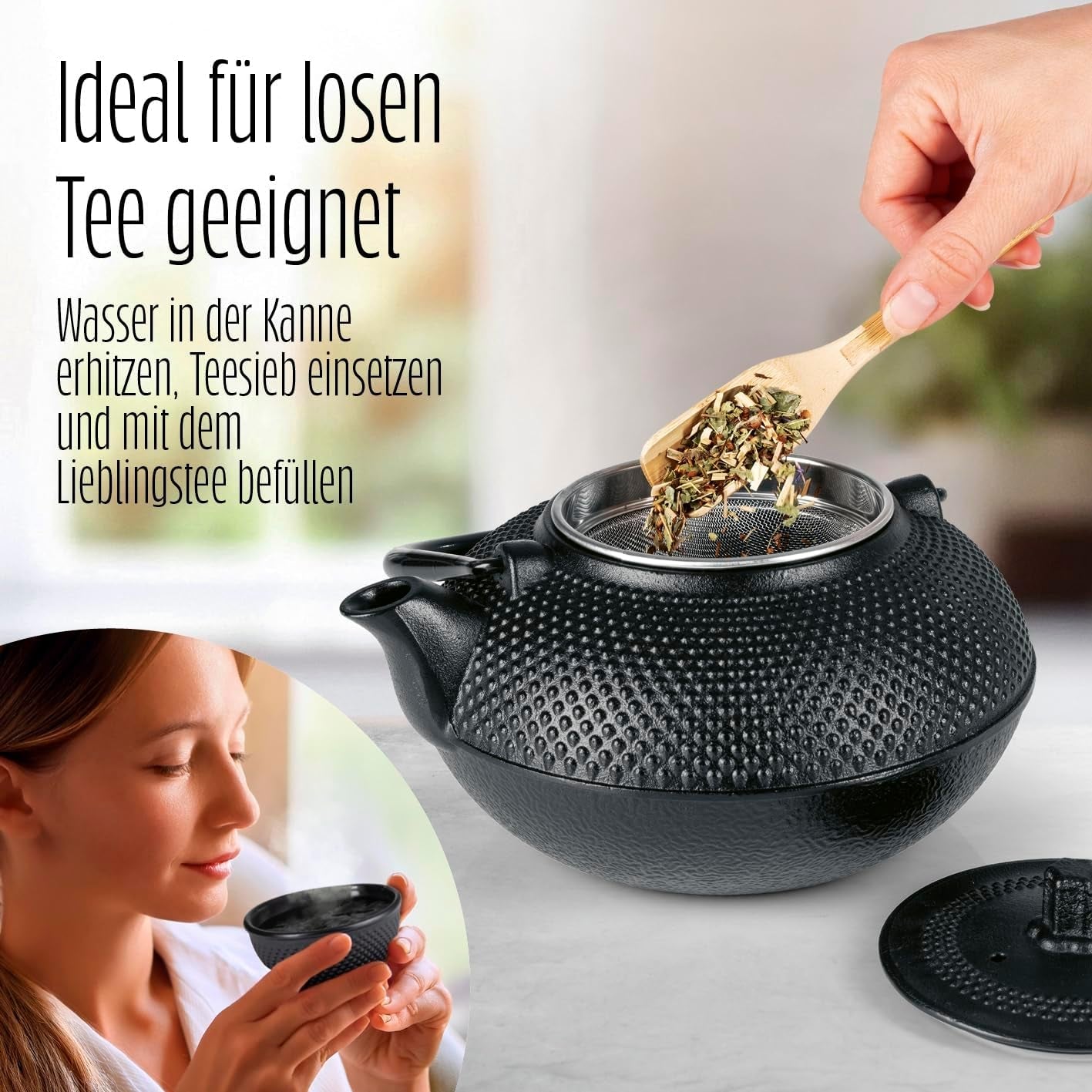 Lumaland 8 dele tesæt | 1,4 liter Tetsubin støbejern tekande | Varmelegeme i støbejern | 2 tekopper og 2 underkopper | Japansk tesæt inklusiv bambus-måleske og infuser af rustfrit stål