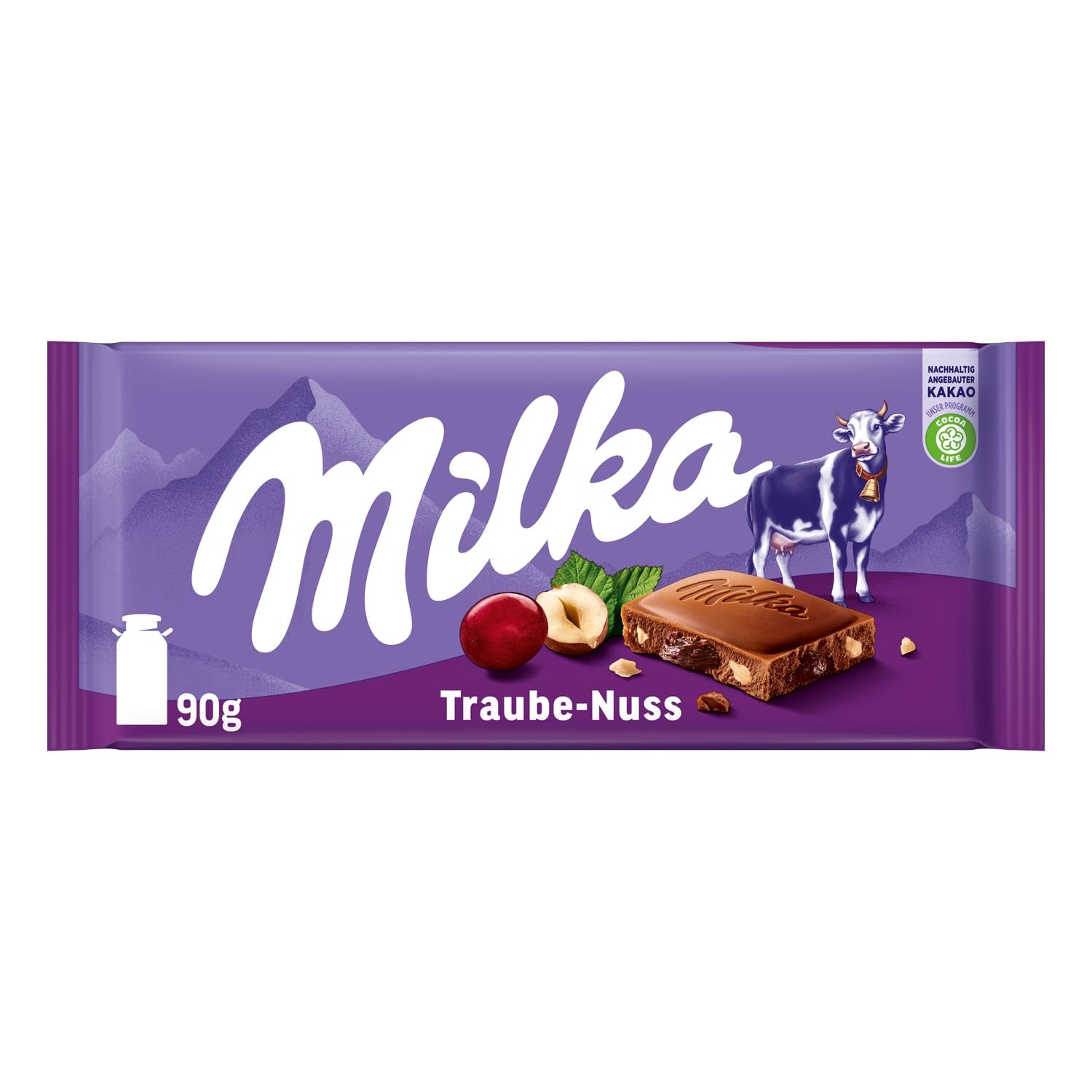 Milka druer og hasselnødder – Alpine mælkechokolade med stykker af hasselnødder og rosiner – 90 g