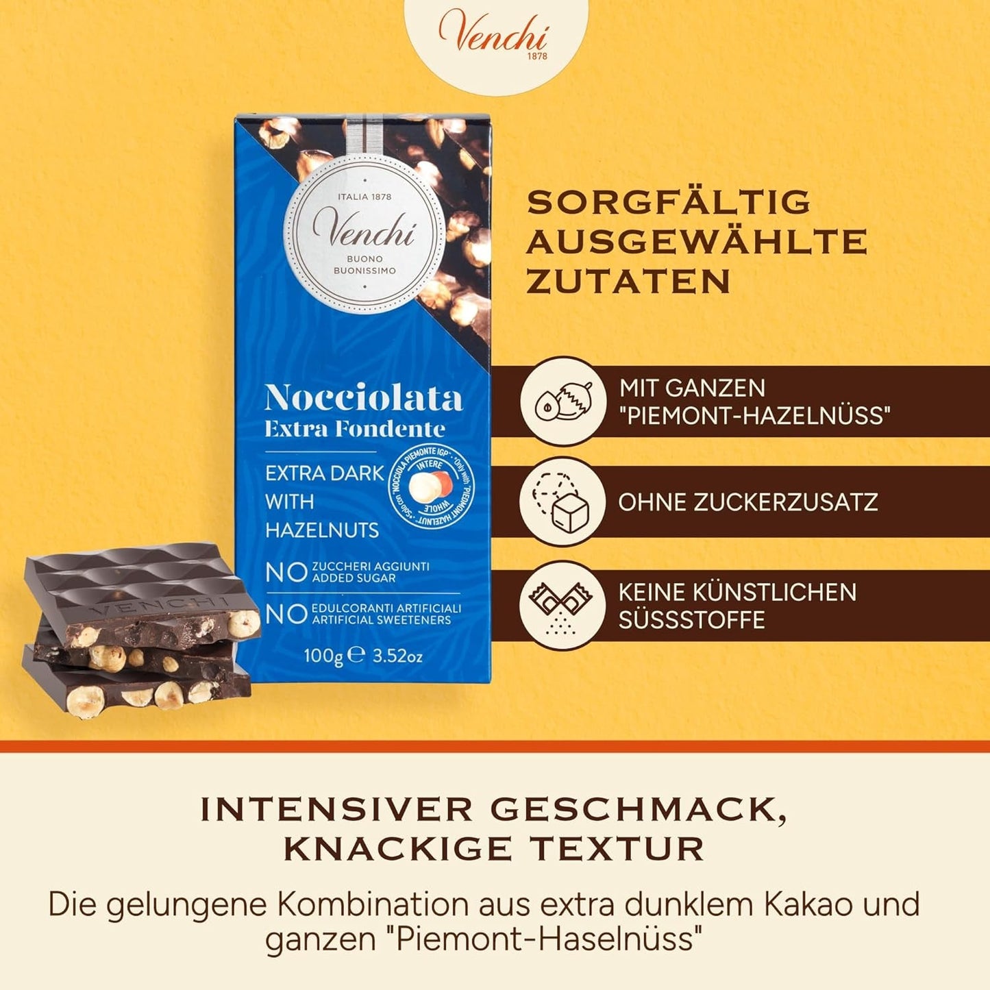 Venchi - Pakke med 6 mørke chokoladebarer med hasselnødder, 600g - Ingen tilsat sukker - Ingen kunstige sødestoffer - Glutenfri - Vegansk - Gaveidé