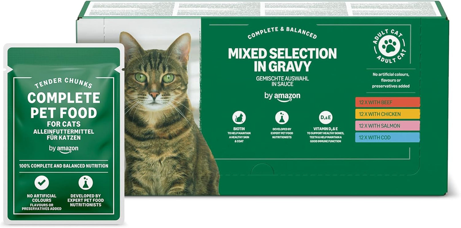 Amazons våde voksne kattefoder blandet udvalg i sauce 4,8 kg (48 pakker x 100 g)