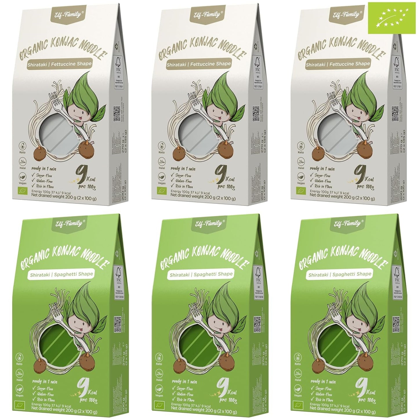 Elf-Family 6 æsker (12 stk) Økologiske konjac ultralav kulhydrat Shirataki nudler Veganske glutenfri - 1,62 kg, ingen kulhydrat/keto/lavt kalorieindhold/fedtfri/sukkerfri instant nudler - spaghetti og fettuccine