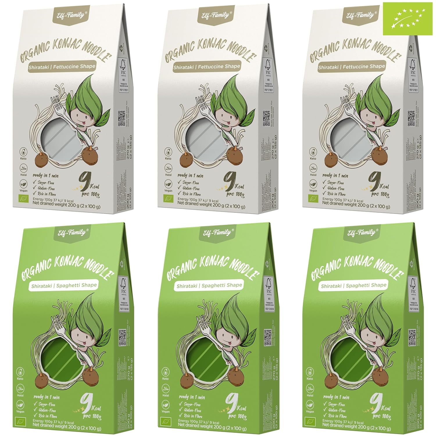 Elf-Family 6 æsker (12 stk) Økologiske konjac ultralav kulhydrat Shirataki nudler Veganske glutenfri - 1,62 kg, ingen kulhydrat/keto/lavt kalorieindhold/fedtfri/sukkerfri instant nudler - spaghetti og fettuccine