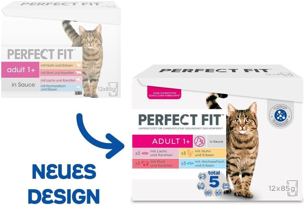 Perfect Fit Adult 1+ vådfoderudvalg med laks, dybhavsfisk, oksekød og kylling, 48 poser, 12x85g (pakke med 4) - Premium vådfoder til voksne katte fra 1 år