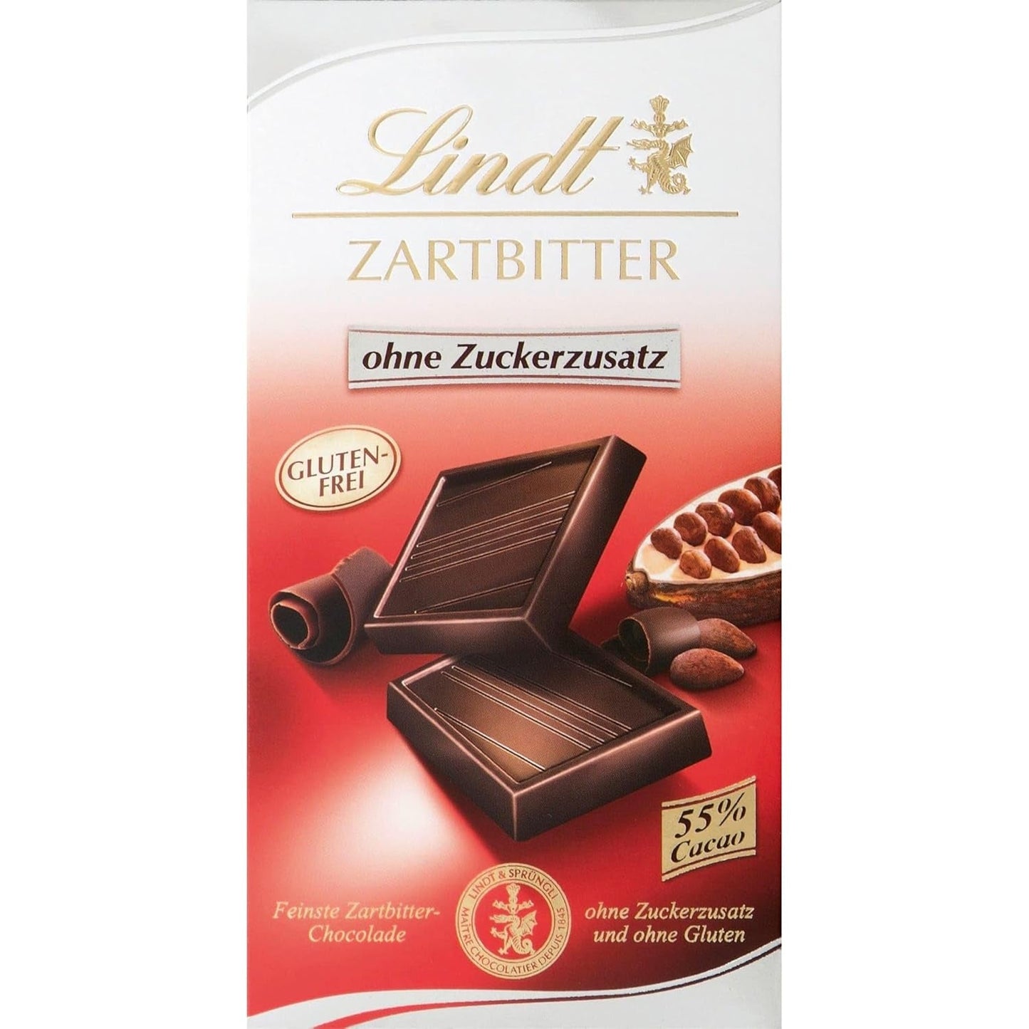 Lindt Chokolade | Mørk chokoladebar uden tilsat sukker | 100 g | Den fineste mørke chokolade med 55% kakao, uden tilsat sukker og ingen gluten | Glutenfri chokoladebar