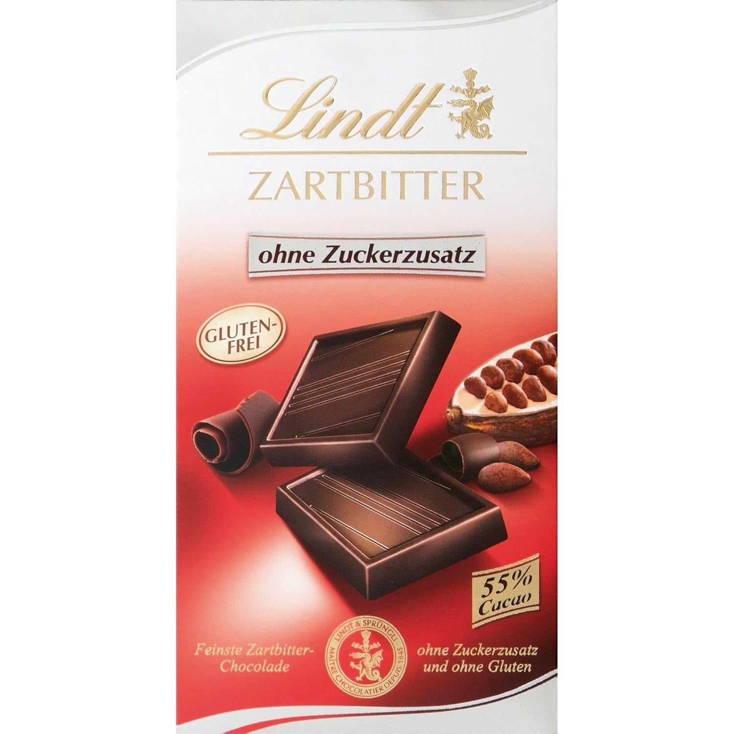 Lindt Chokolade | Mørk chokoladebar uden tilsat sukker | 100 g | Den fineste mørke chokolade med 55% kakao, uden tilsat sukker og ingen gluten | Glutenfri chokoladebar