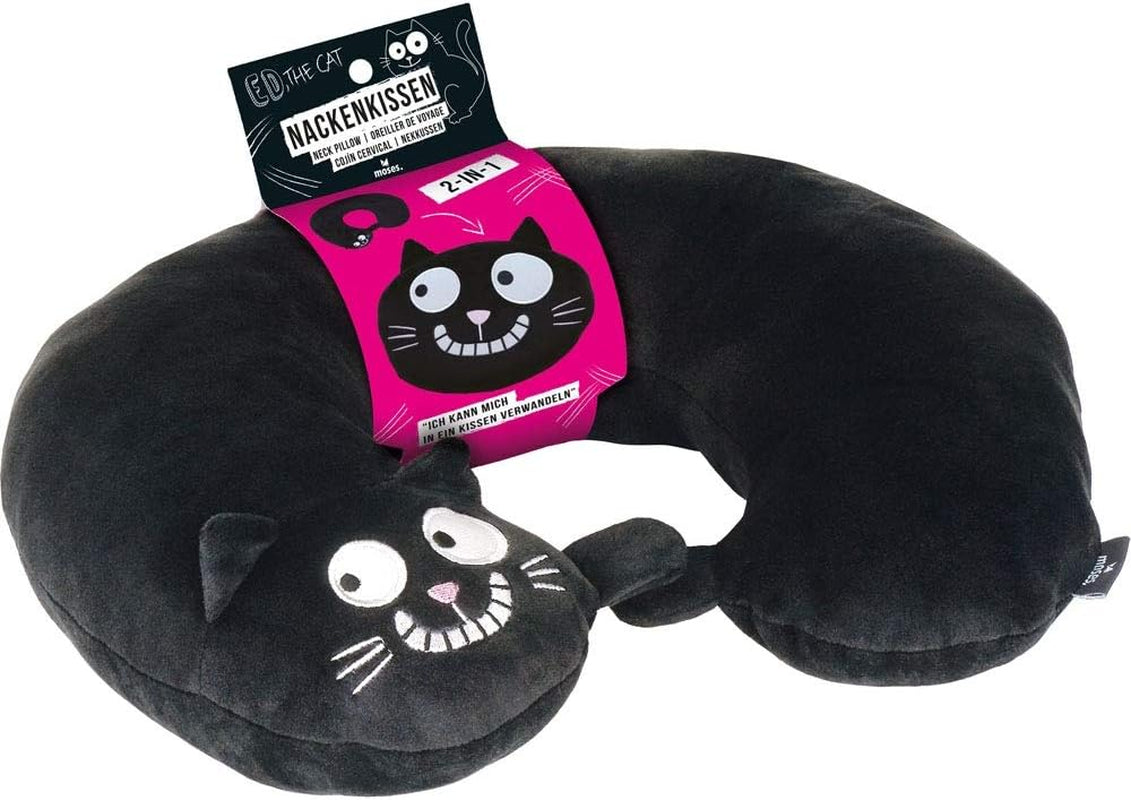 Moses nakkepude. Ed, Katten | 2-i-1 nakke- og hovedpude til rejser | Katterejsepude, 28 cm, Sort