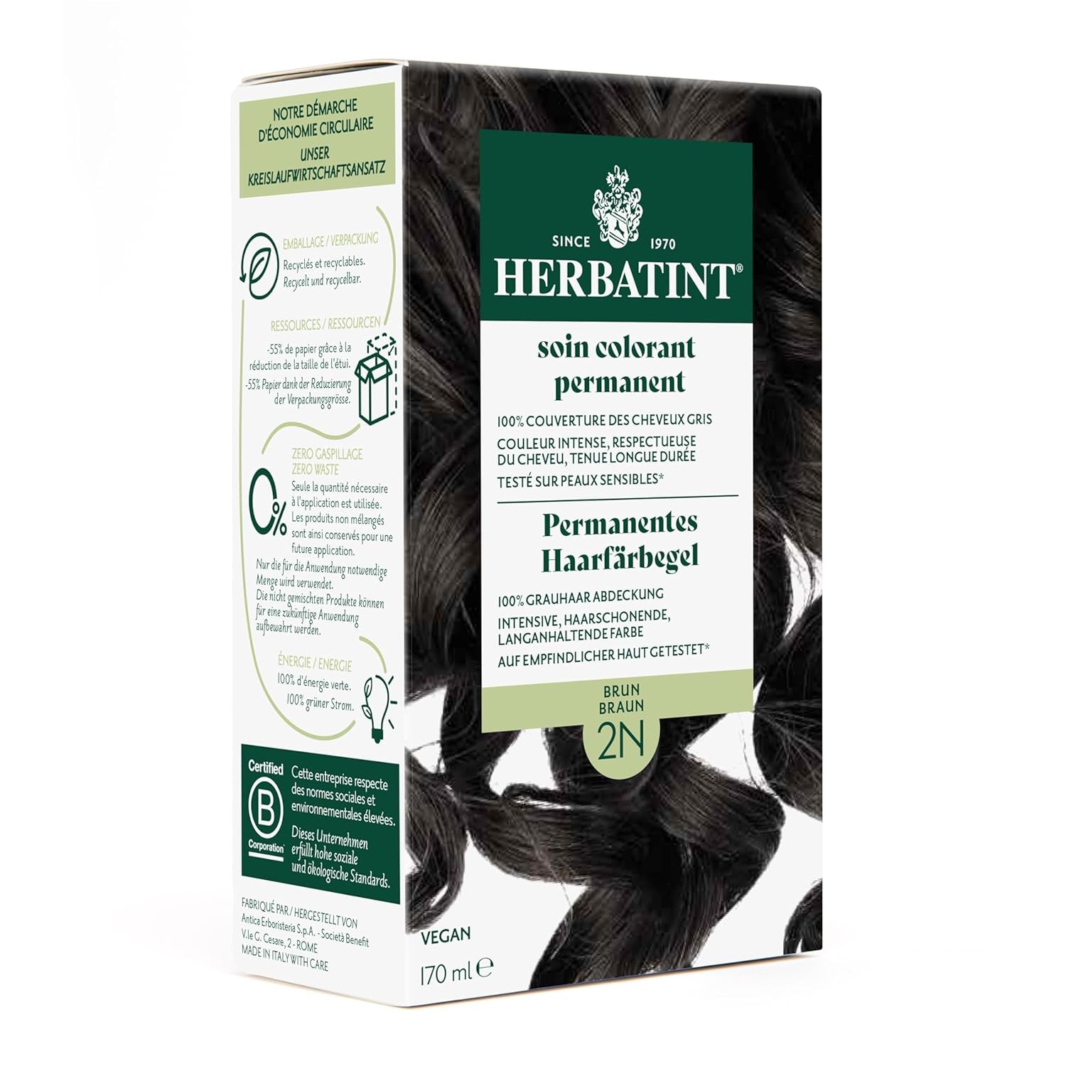Permanent hårfarvegel 6N mørkblond - 170 ml I ammoniakfri, 100 % grå hårdækning Jeg testet på følsom hud, med 8 planteekstrakter Naty Shop hårfarve 2N brun