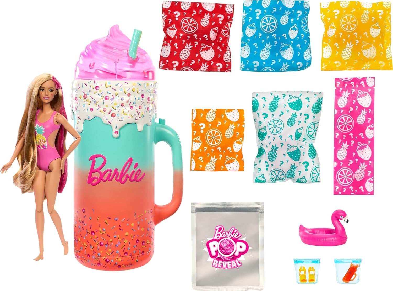 BARBIE Pop Reveal Rise & Surprise Gavesæt - 15+ overraskelser inklusive 1 Barbie-dukke, strandtilbehør til legende og frugtig sjov for børn fra 3 år og opefter, HRK57