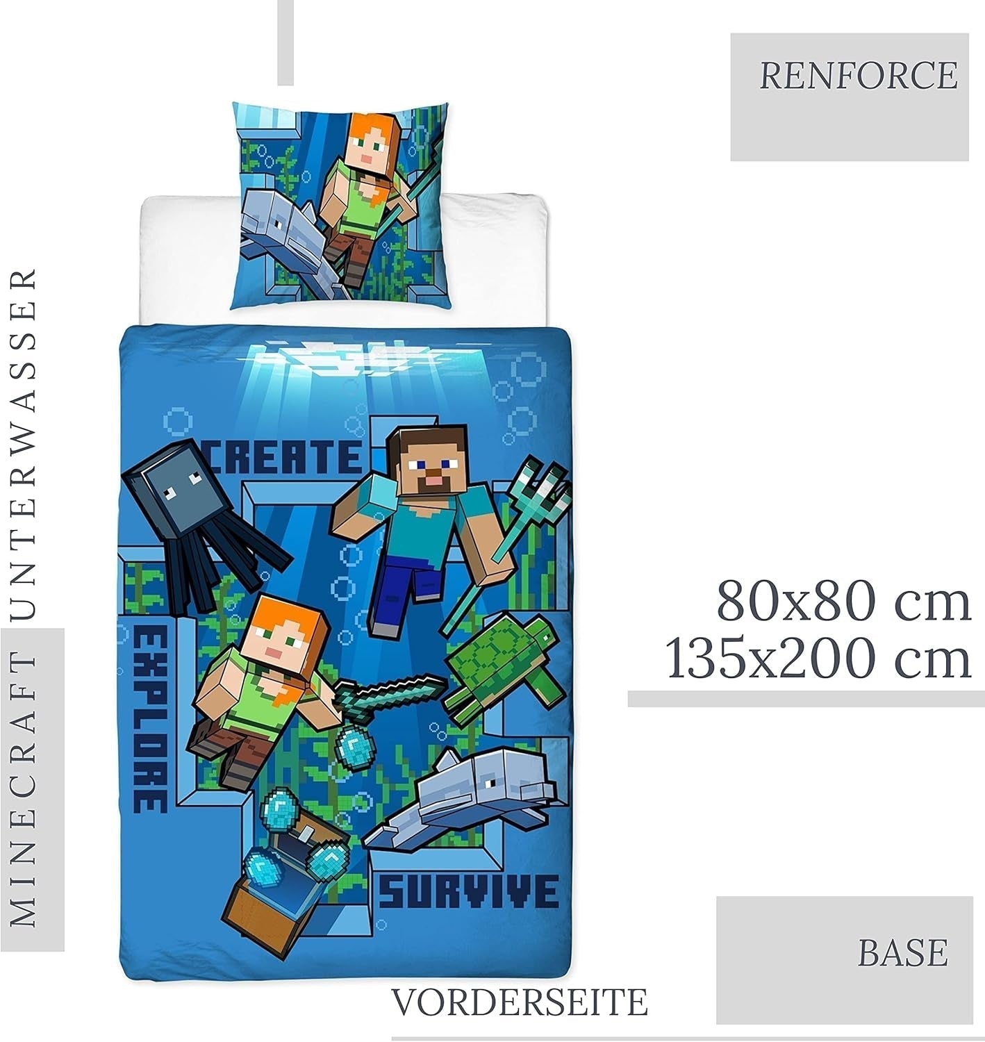 Minecraft Sengetøj Kinderbettwäsche Jugendbettwäsche 135X200 · Unterwasserwelt · Wende Motiv · Kissenbezug 80X80 + Bettbezug 135X200 Cm · 100% Baumwolle · Deutsche Größe Naty Shop