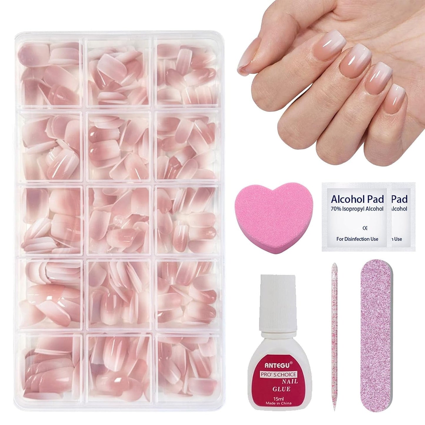 240 stk. Korte falske neglesæt - Korte naturlige kunstige falske negle til lim på - Nude Gradient Kunstige negle til Box Nail Extensions (Nude Gradient)
