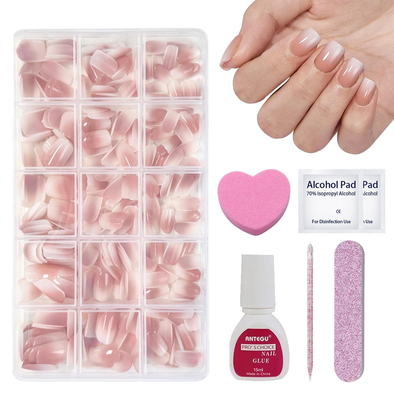 240 stk. Korte falske neglesæt - Korte naturlige kunstige falske negle til lim på - Nude Gradient Kunstige negle til Box Nail Extensions (Nude Gradient)