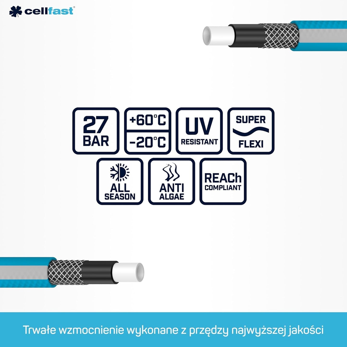 Cellfast Ideal haveslangesæt, robust, fleksibel, 4-lags, sprinkler, UV- og algebestandig, Reach-teknologi, 27 bar, -20/+60° kortvarig, 1/2 tomme, 20 m