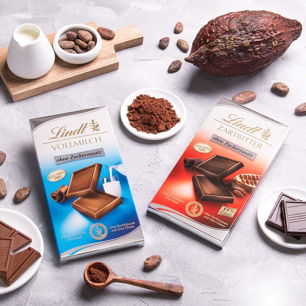 Mørk chokolade uden tilsat sukker | Tablet 100g | Den fineste med 55% kakao, glutenfri | Chokoladebar | Chokoladegavesæt (pakke med 4)