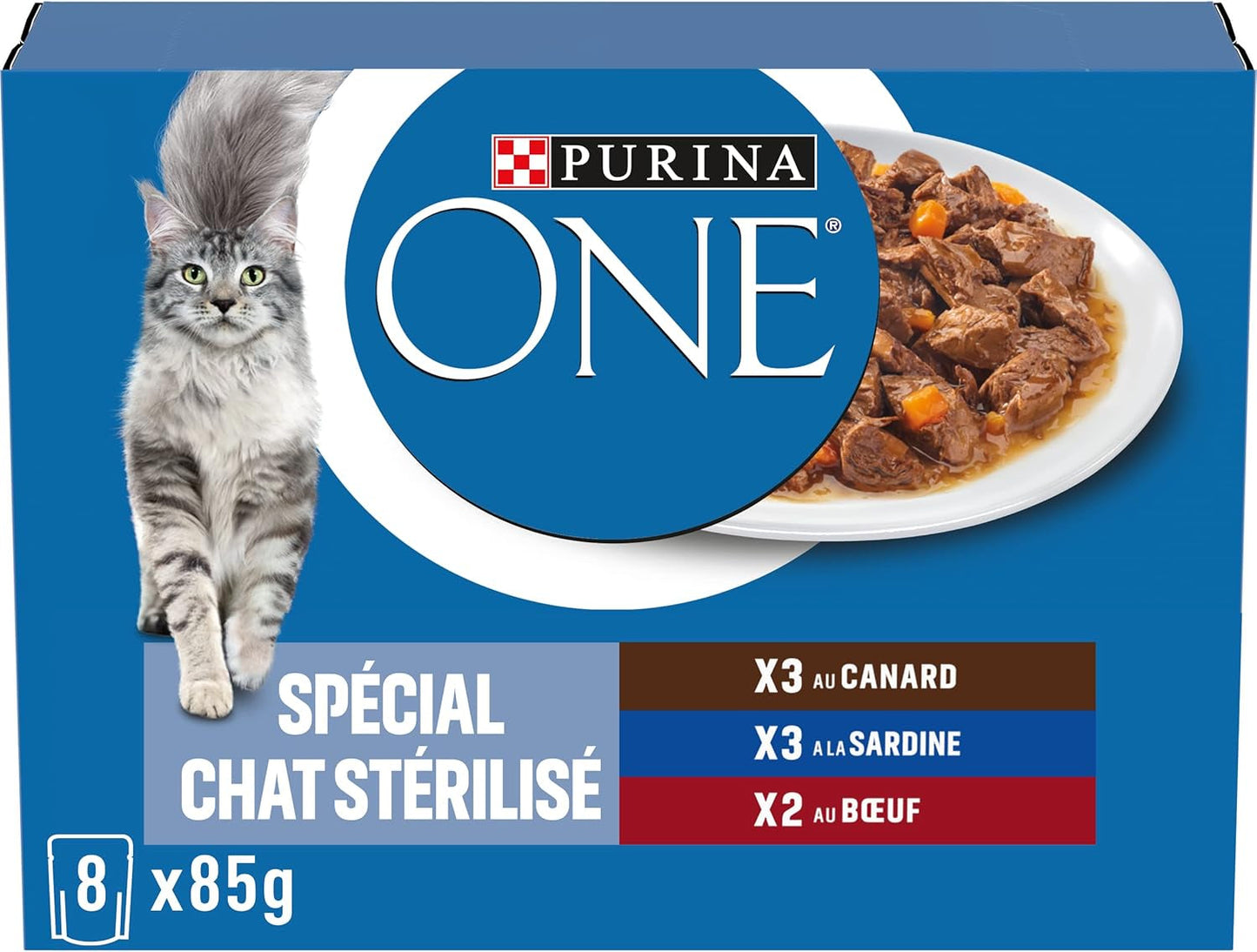PURINA ONE | BIFENSIS | Foder til steriliserede voksne katte | Understøtter kattens vitalitet, knogler, muskler og led | I sauce | Poser med and, sardiner, oksekød, friskhed | 1 stk (8 x 85 g)